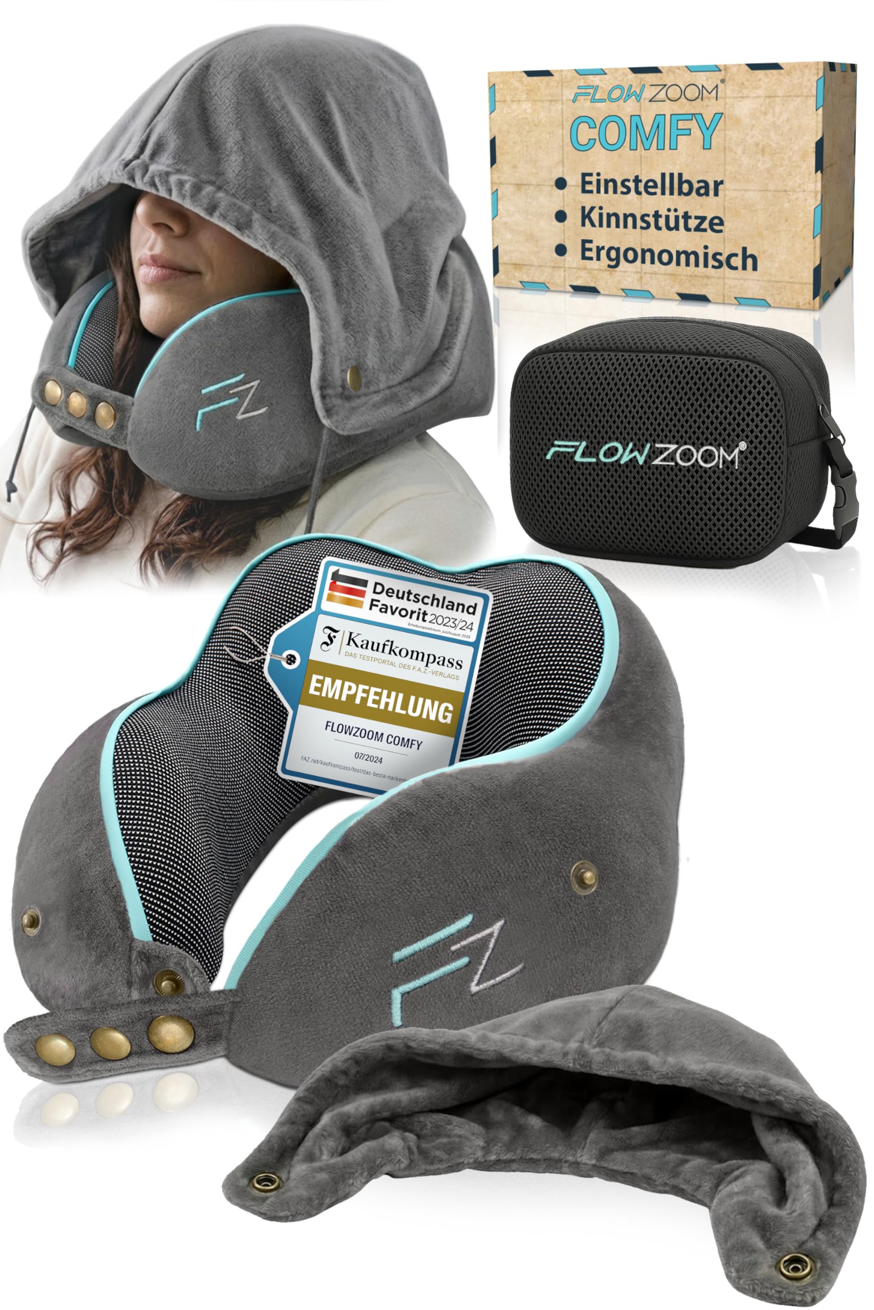 FLOWZOOM Comfy Nackenkissen Flugzeug & Auto mit Kapuze - Einstellbares Memory Foam Reisekissen mit Druckknöpfen für 360° Stütze, weicher Bezug - inkl. Transportbeutel - Grau