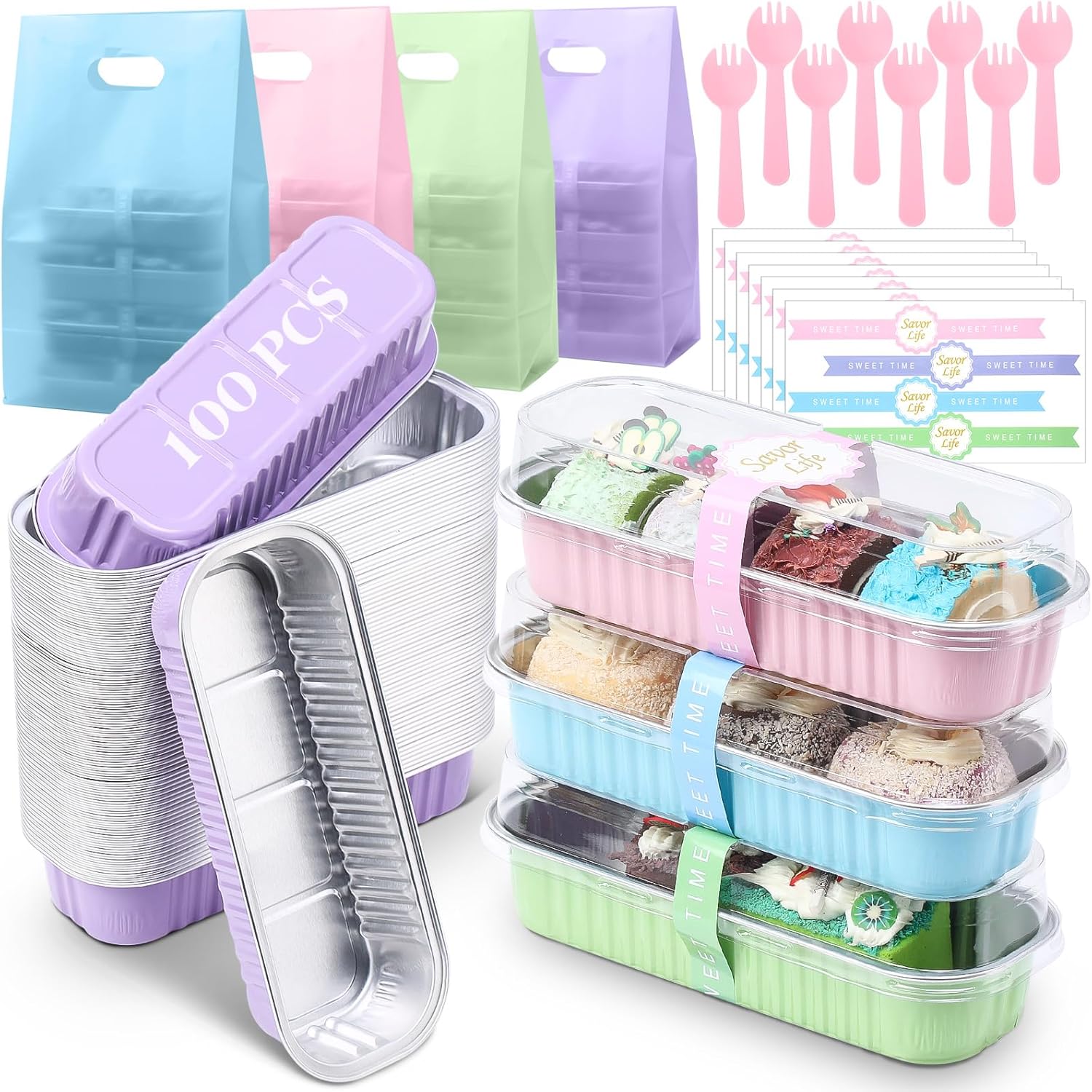 424 Pack Macaron Mini Loaf Pans Set with Lids and Spoons Include 100 Macaron 6.8oz Disposable Aluminum Foil Baking Pans 100 Lids 100 Spoons 100 Sealing Stickers 24 Gift Bags for Dessert Cake