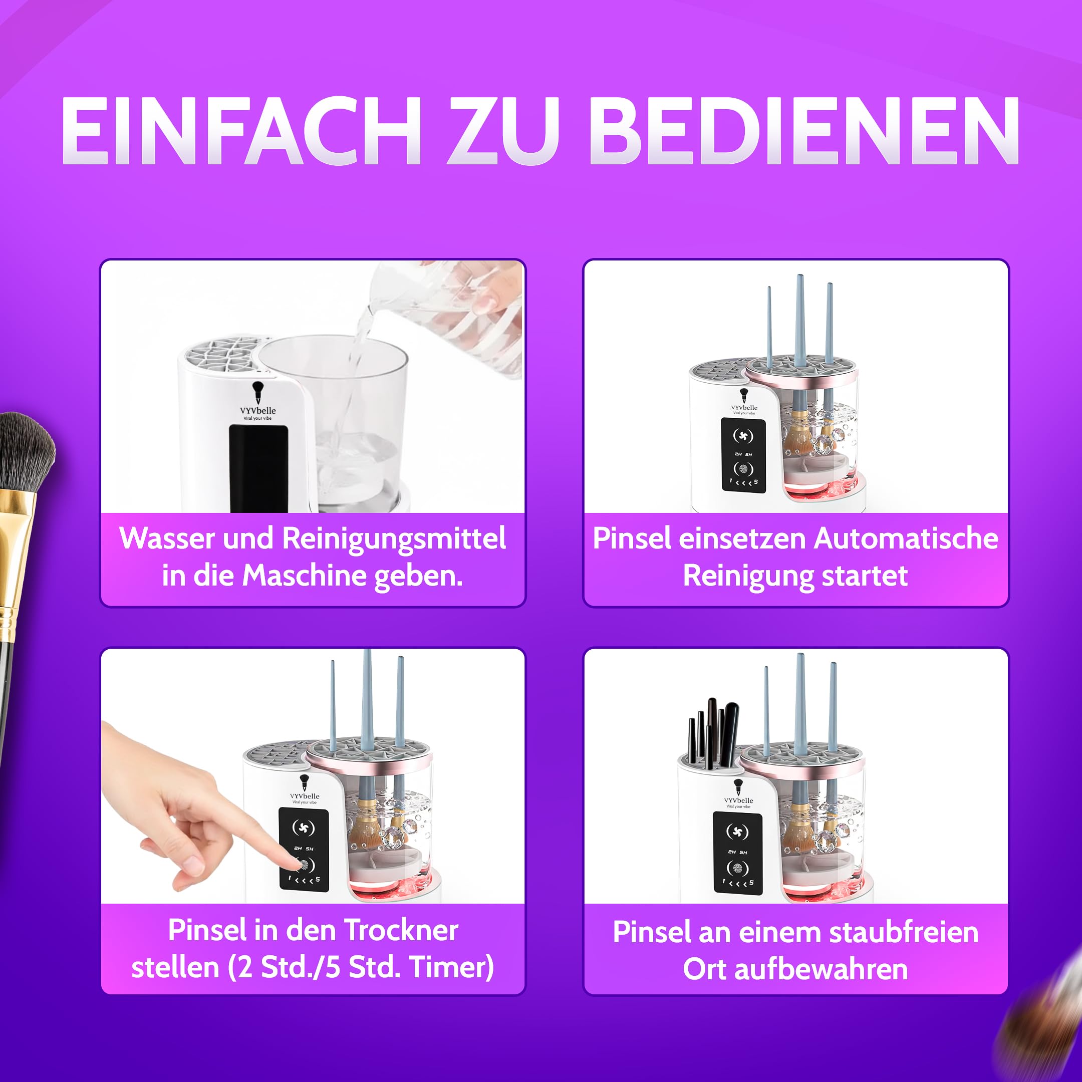 Make up - elektrischer Pinselreiniger Set mit 3 Pinseln und Make up Schwamm, inkl. 100 ml Brush Cleaner für Pinselpflege, Make up Pinsel reinigen und Beauty Tools
