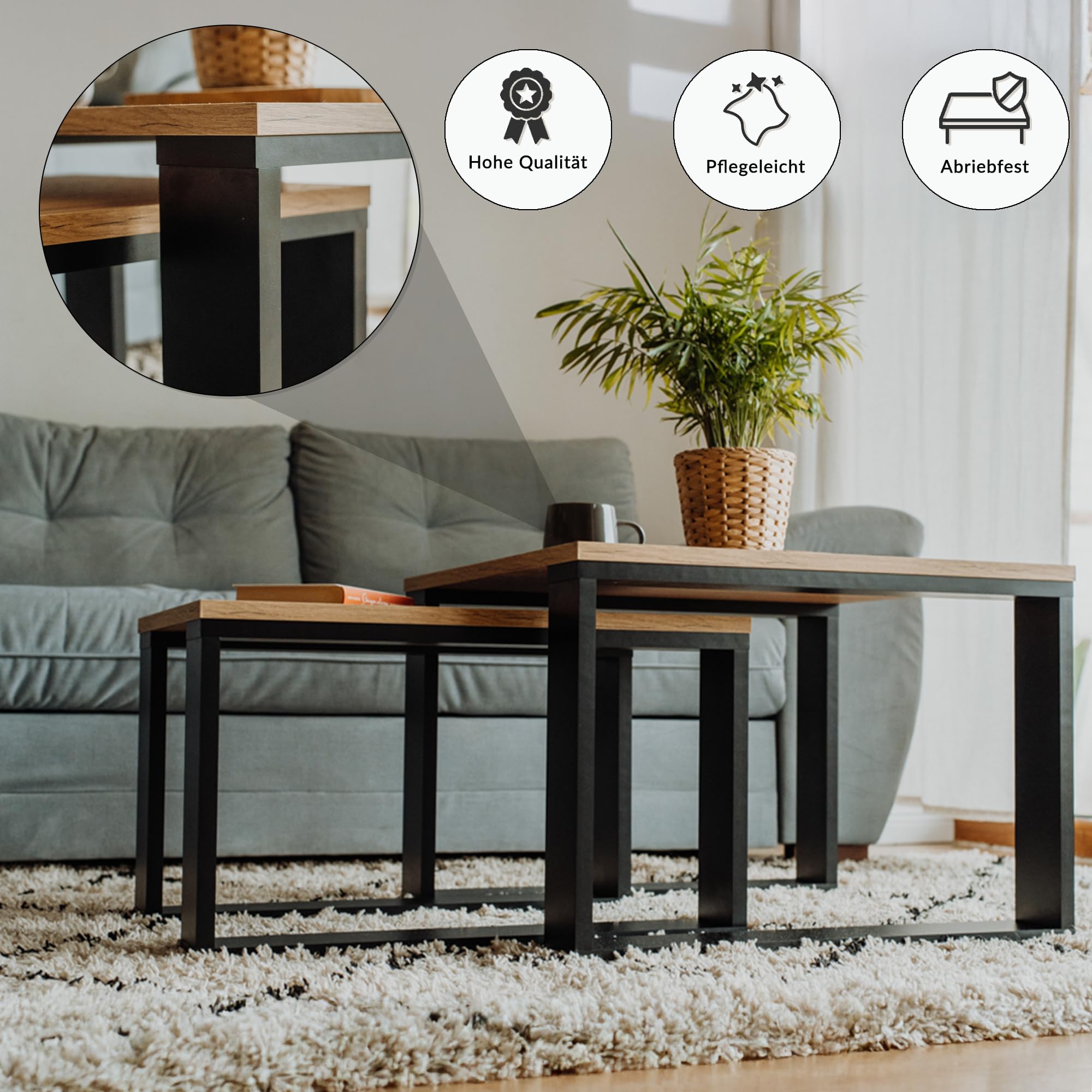 LEHMANN Wohnzimmertisch Holz, Couchtisch 2er Set in 2 Größen, Beistelltisch Holz, Wohnzimmer Tisch für Couch mit Schwarzem Gestell und Holzplatte, beistelltische fürs Wohnzimmer Set, Simple modern