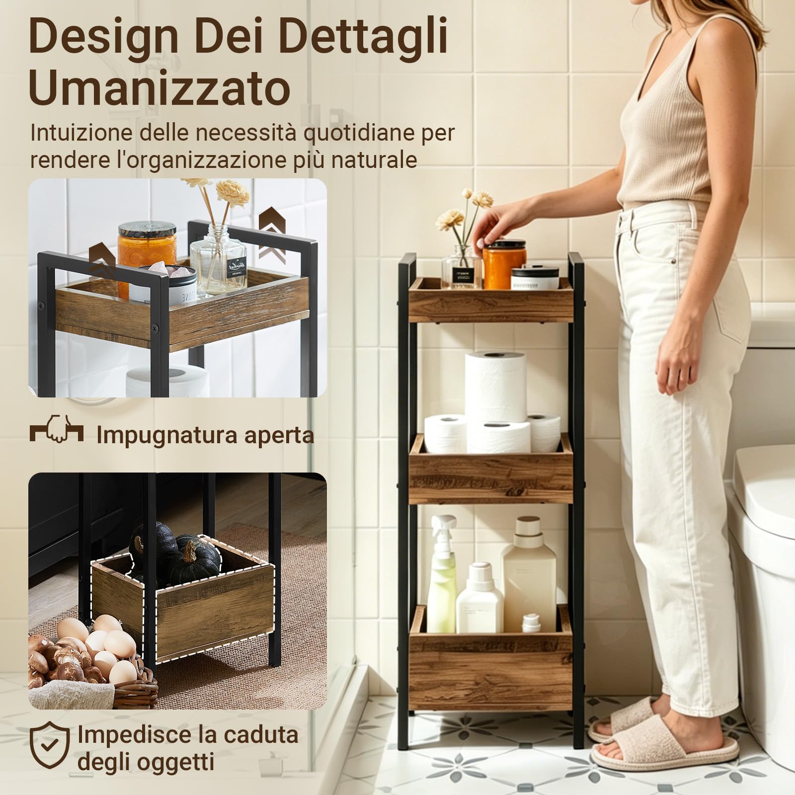 SoBuy Mobiletto Bagno Salvaspazio con 3 Ripiani Robusti – Mobile Bagno Stretto in MDF fino a 30kg, Armadietto Bagno color legno per piccoli bagni 28x20x74cm FRG226-F