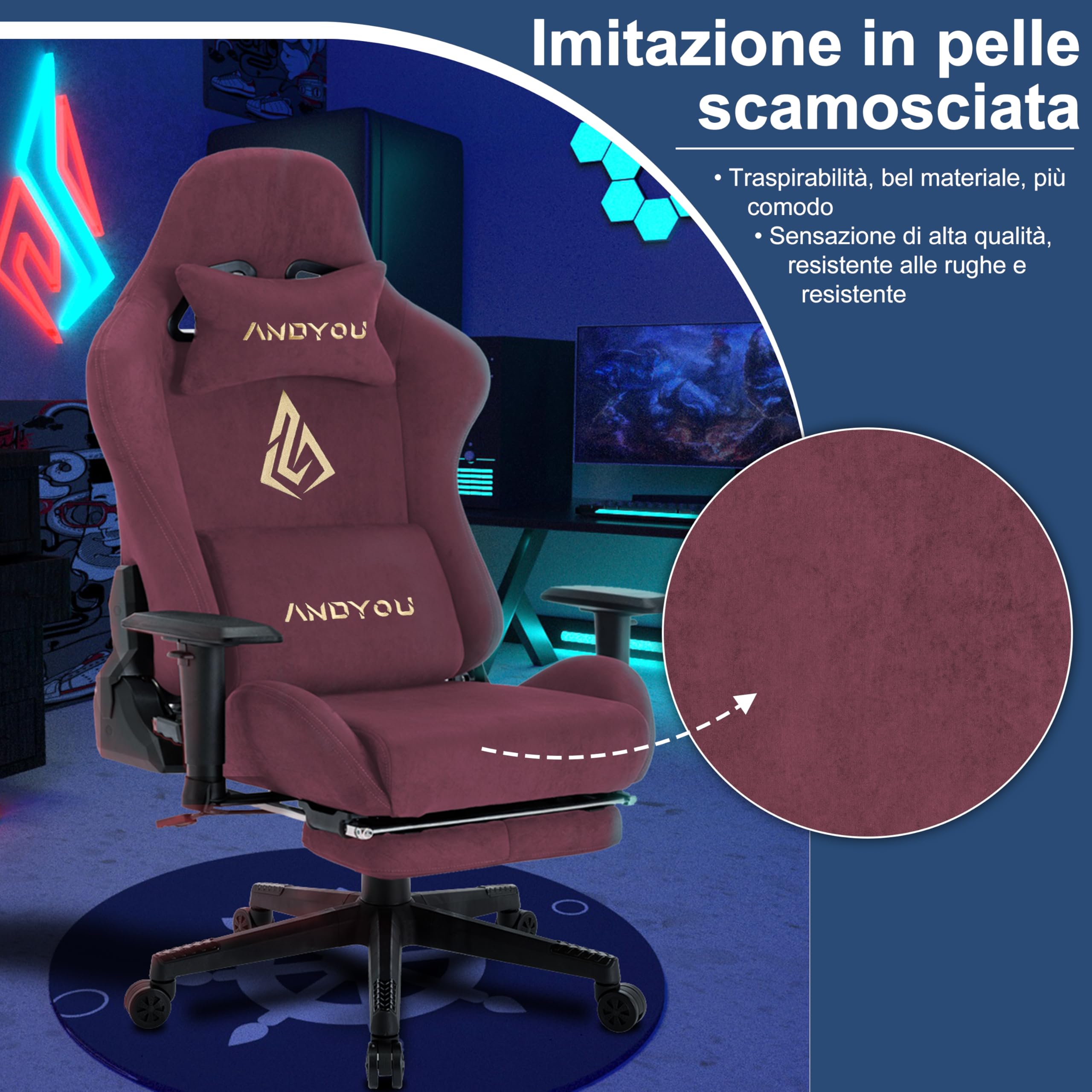 Andyou Silla Gaming Ergonómica | Reclinable 150° con Reposabrazos 2D Ajustables, Soporte Lumbar y Cervical, Capacidad 200 kg, Ruedas Silenciosas