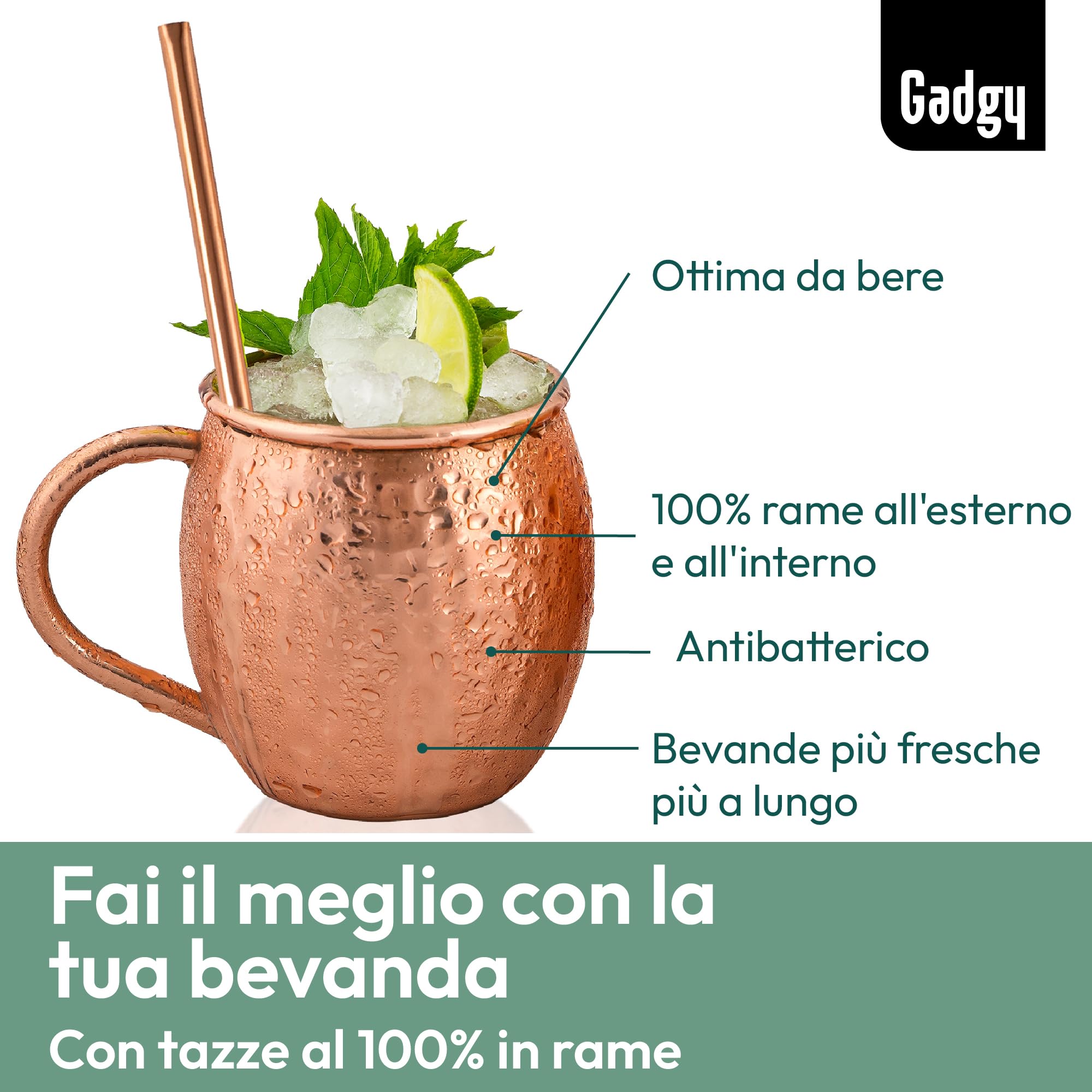 Gadgy Set Moscow Mule in Rame – 2 Tazze Cocktail Fatte a Mano con Cannucce & Misurino – Bicchieri in Rame 100% per Cocktail e Bevande Ghiacciate – Idea Regalo Elegante