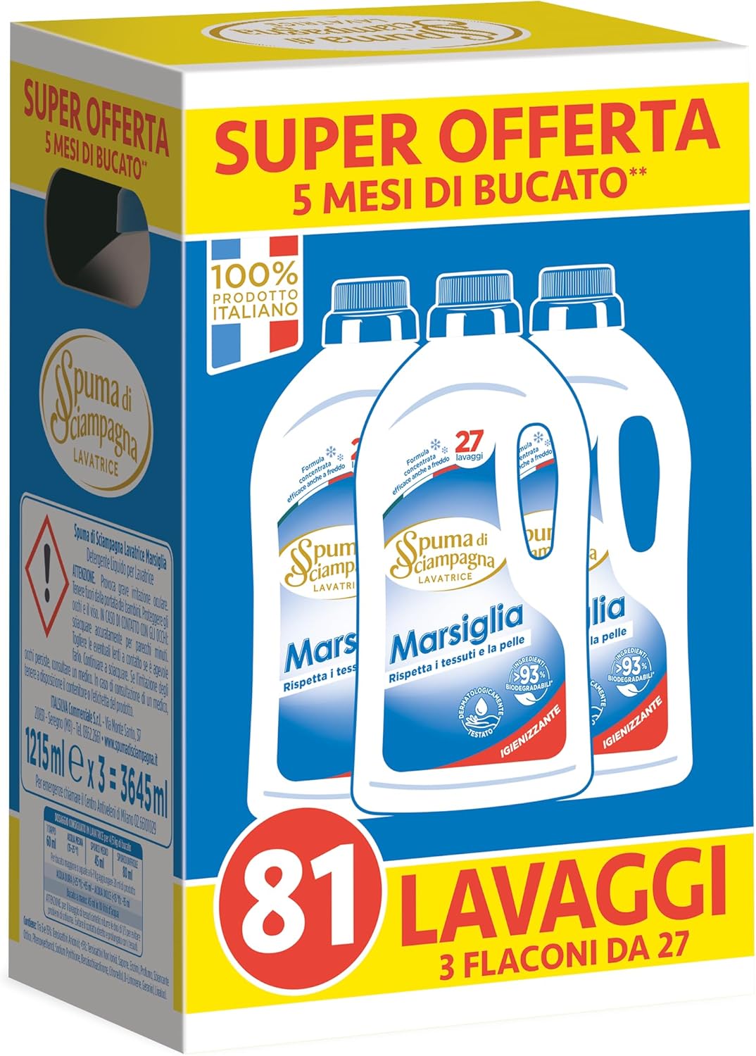 Spuma di Sciampagna - Detersivo Lavatrice Concetrato, Sapone di Marsiglia, Formula Concentrata Efficace Anche a Freddo, Igienizzante con 93% di Ingredienti Biodegradabili - 3 x 1215 ml, 81 Lavaggi