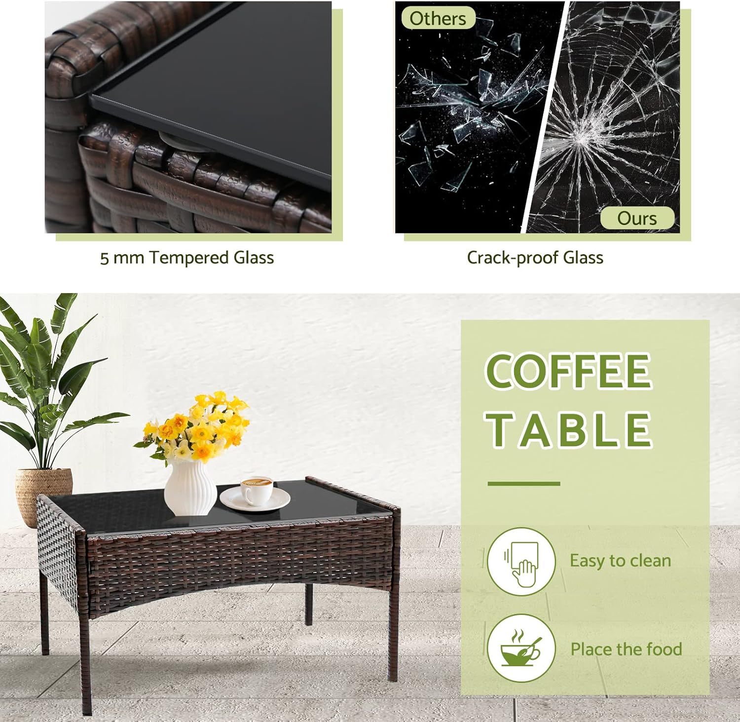 4 Piece Outdoor Patio Furniture Set, All-Weather Rattan Weaving Wicker Armchairs with Glass Coffee Table and Thick Cushions, Sectional Patio Sofa Set for Garden Balcony Pool or Backyard, Nut Brown : Patio, Lawn & Garden