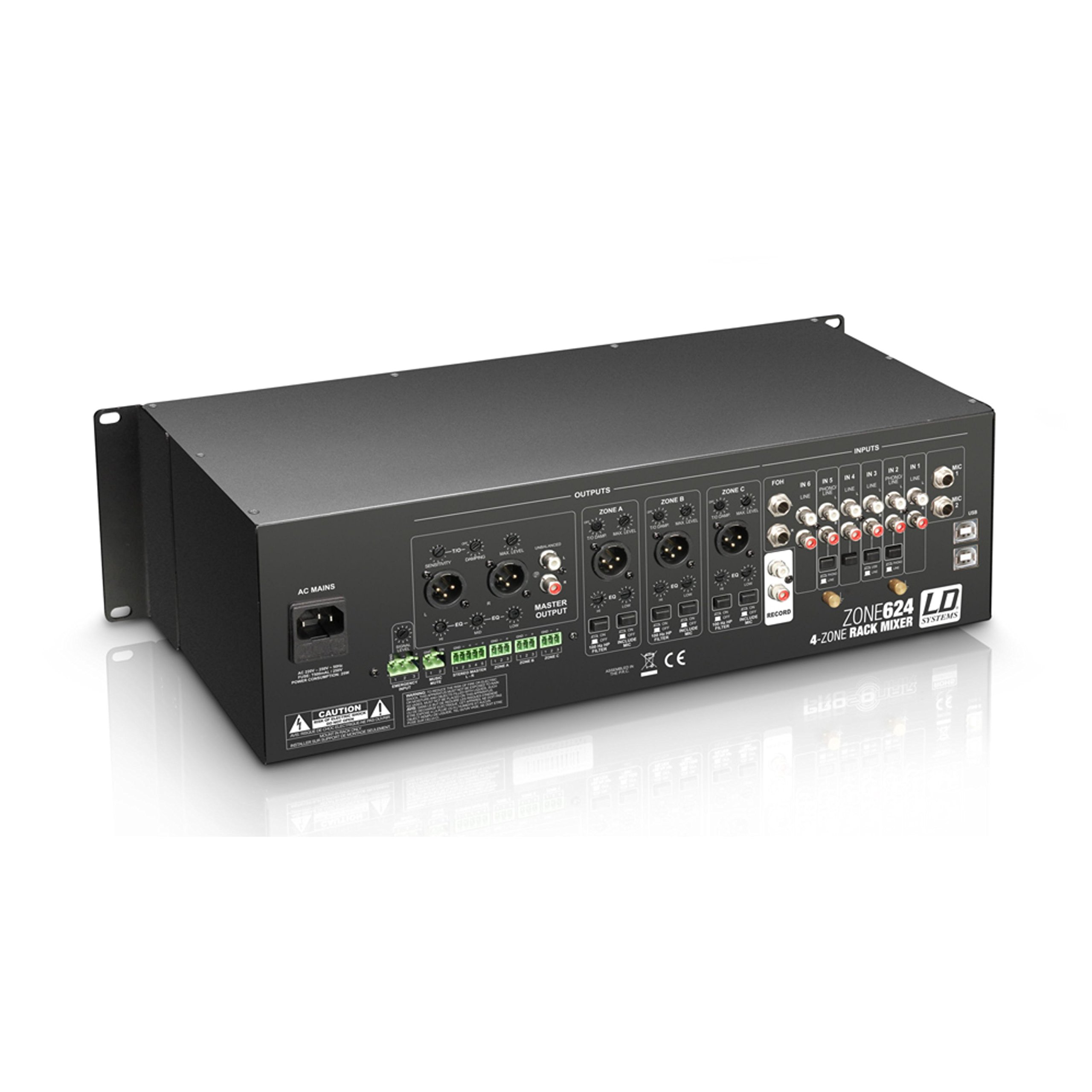 LD Systems ZONE 624-19" 4-Zonen Mixer mit 2 Mikrofonkanälen und 3HE, schwarz