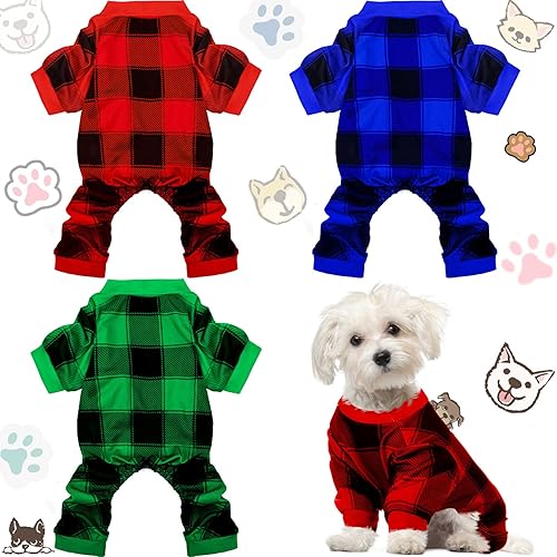 Pijama de Navidad de 3 piezas para perro, overol de búfalo rojo, pijama para mascotas, pijama de búfalo a cuadros, ropa linda para perros pequeños,