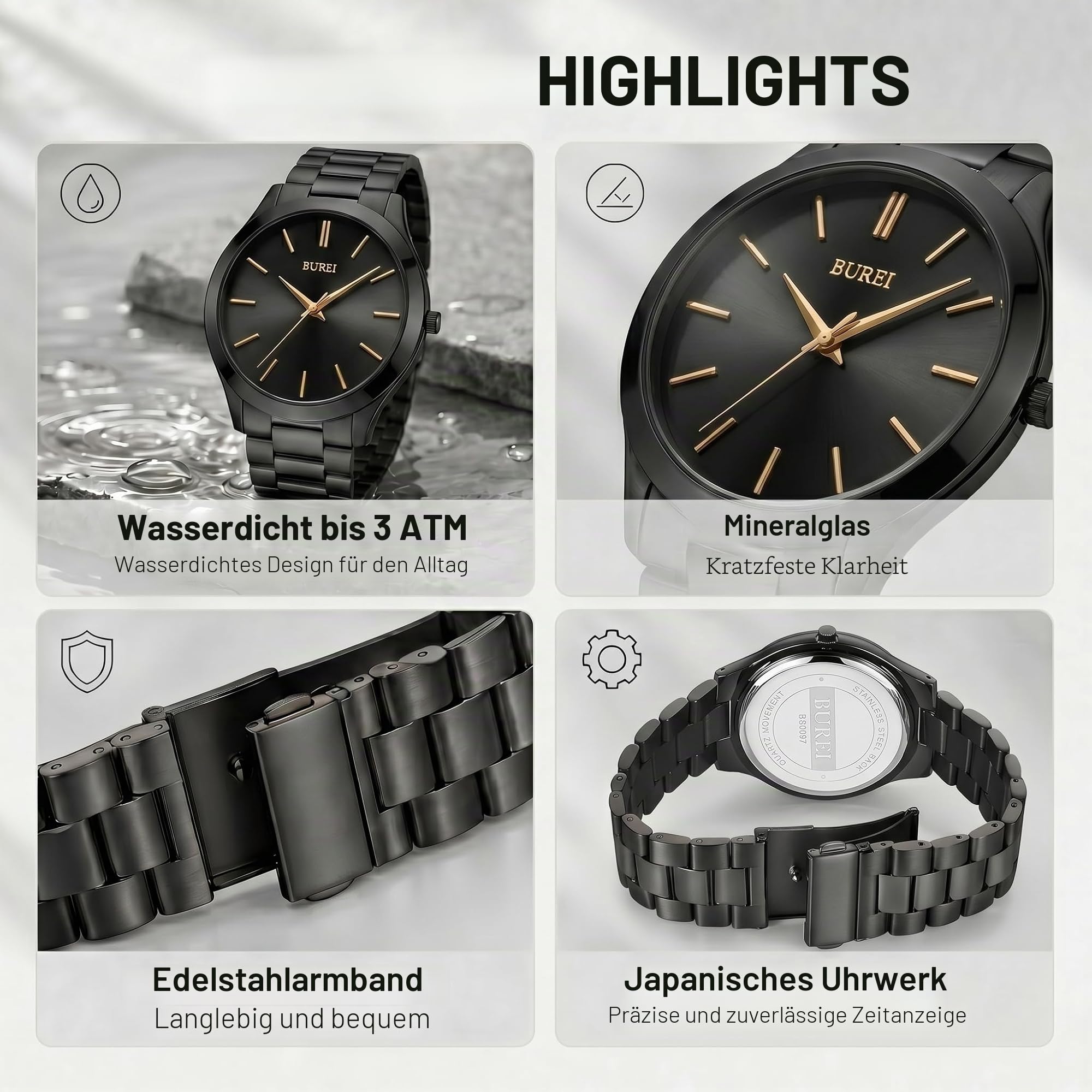 BUREI Herren-Armbanduhr, modisch, analog, Edelstahl, Quarz, wasserdicht, Geschenk für Herren.