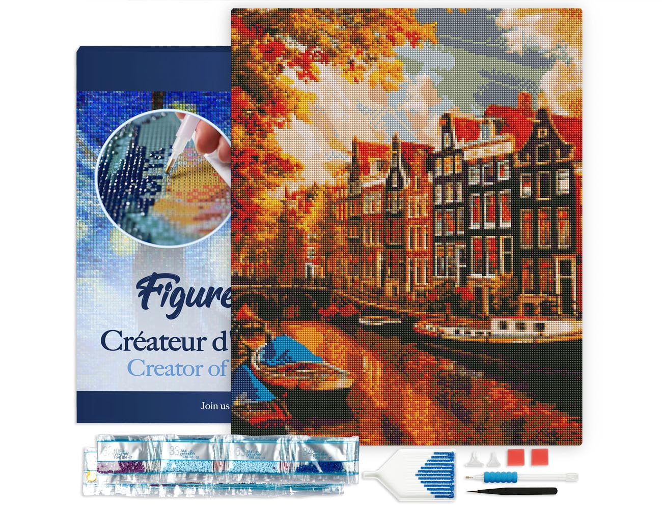 Figured’Art Diamond Painting Broderie Diamant 40x50cm Avec Cadre Toile Tendue Strass Perles Carrés - Soleil à Amsterdam - Kit Complet 5D DIY Activité Manuelle Loisirs Créatifs Adultes