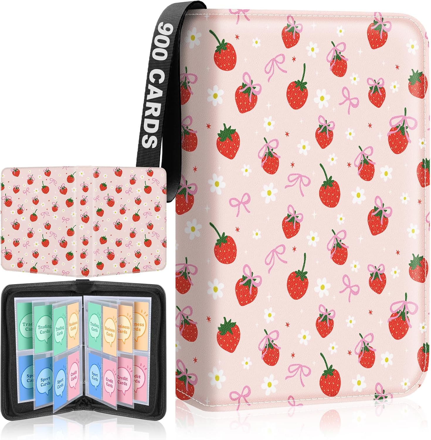 Premium 4 Pocket Trading Card Binder Holder 400 Cards with 50 Removable Sleeves | PU Leather Zipper Album Book for Sports Cards, Game | Card Storage & Organization for Girls Collector Strawberry Pink