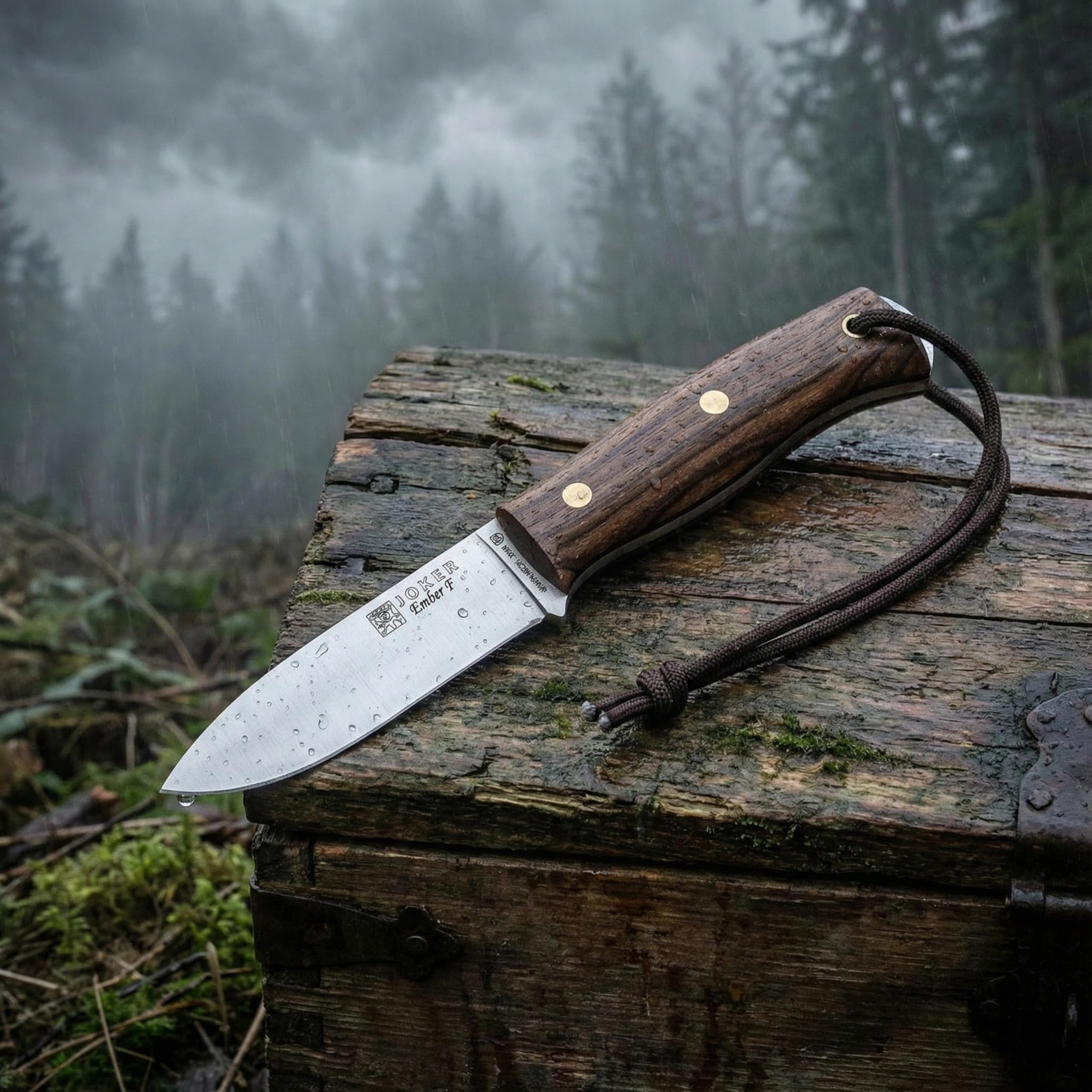 Joker Jagdmesser Ember F, CN123-P, Gürtelmesser mit 10,5 cm Klinge, Walnuss Holzgriff, Lederscheide mit Feuerstahl, Sandvik Stahl 14C28N, Werkzeug zum Angeln, Jagen, Camping und Wandern