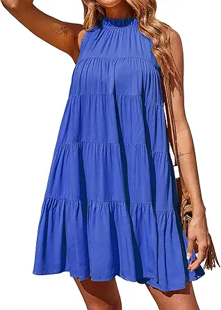 Okiwam Womens Summer Halter Dresses Sleeveless A Line Tiered Swing Mini 2025 Fall Casual Boho Beach Vacation Sundress