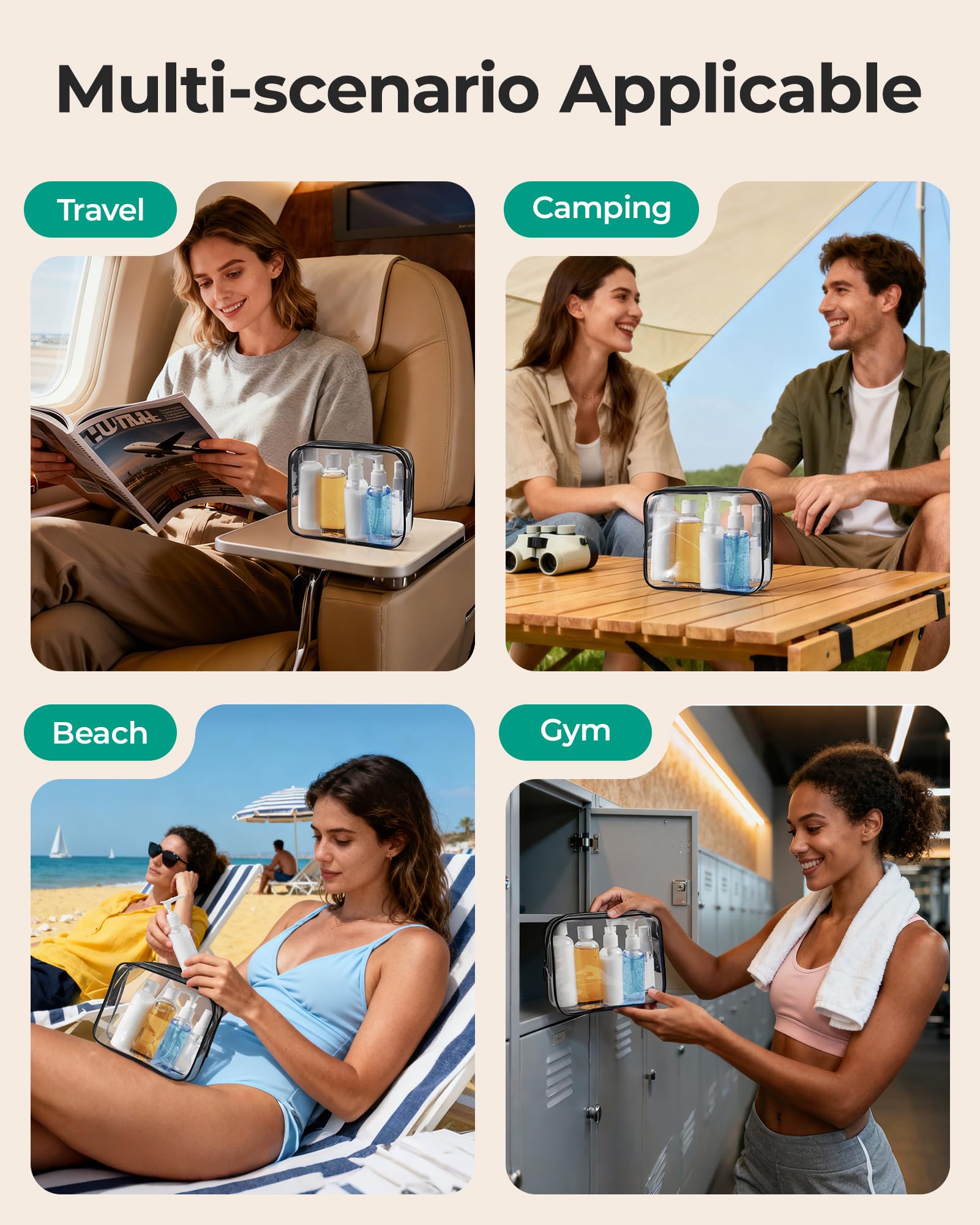 BAGSMART Clear Toiletry Bag, 2 Pack TSA Approved Travel Toiletry Bag Carry on Travel Accessories Bag Airport Airline Quart Size Bags Water Repellent Makeup Cosmetic Bag for Women (Black-2pcs): 1 Pack with 5 bottles, Medium Pure Black