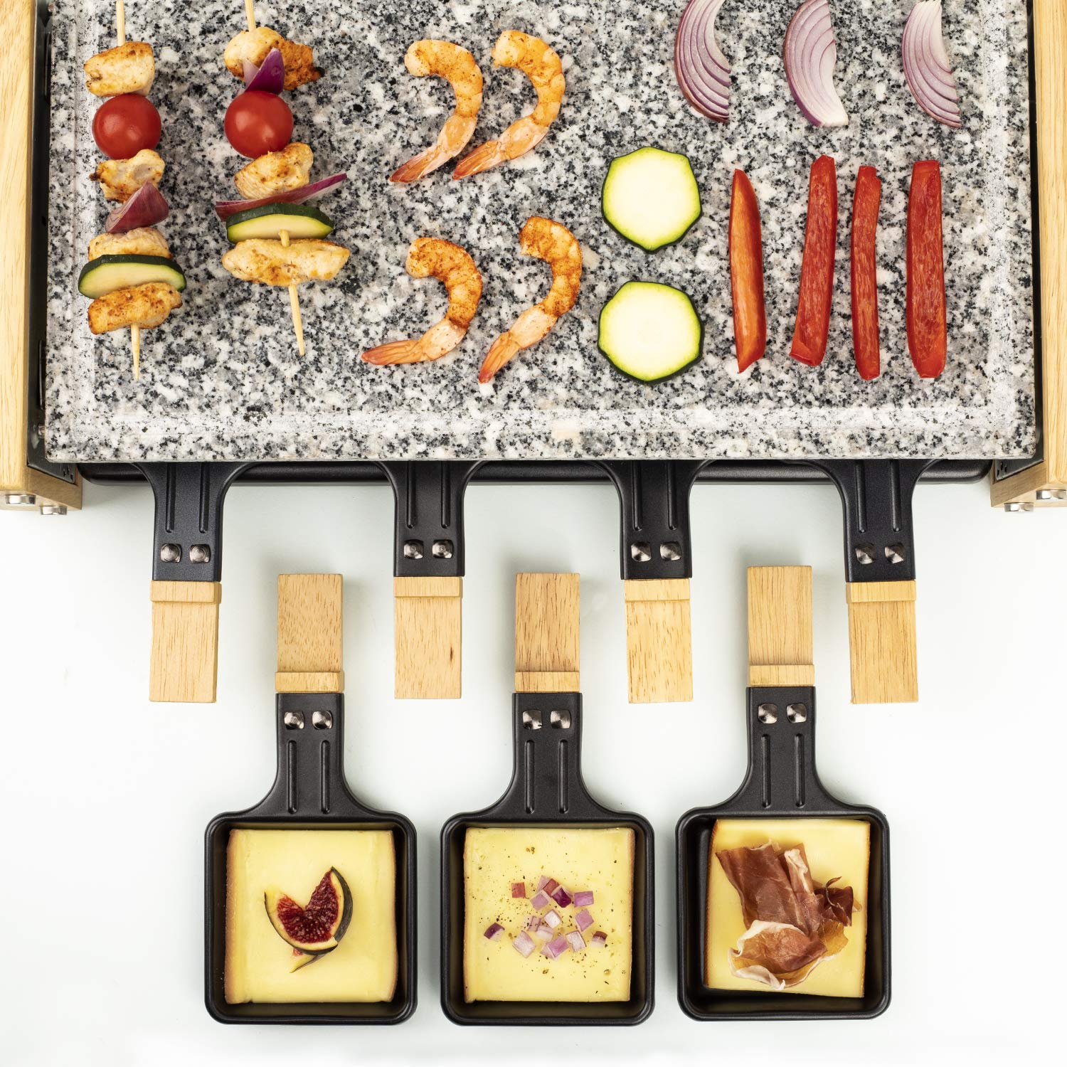 H.Koenig Appareil à raclette Multifonction 8 personnes WOD8 Design en bois naturel, Pierre granit amovible, Raclette fromage fondue professionnel, 8 poêlons antiadhésifs, 8 spatules en bois