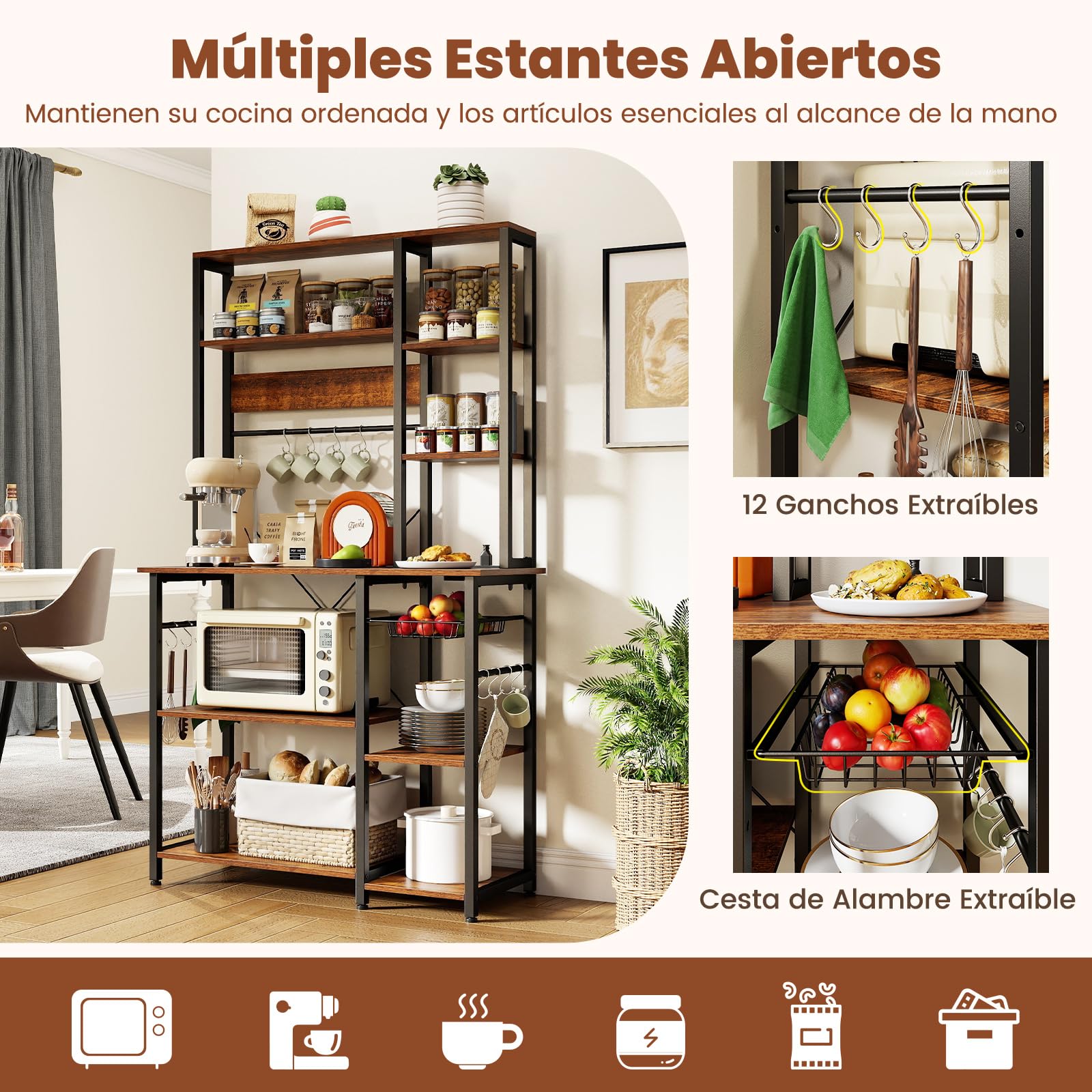 COSTWAY Estantería de Cocina, Armario de Cocina, Mueble para Microondas de 6 Niveles con Estantes Abiertos de Madera, Ganchos y Cesta, Marco Metálico, Organizador Almacenaje Cocina para Aparatos