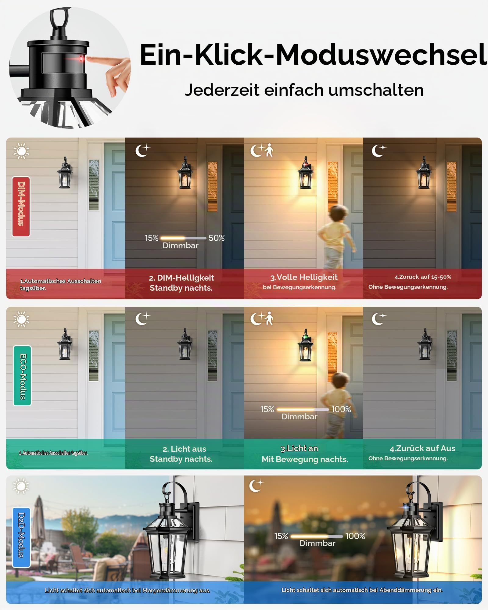VIANIS Außenlampe mit Bewegungsmelder, Moderne Wandleuchte Aussen Schwarz, Robuste Wetterfest Aussenlaterne aus Aluminium, Aussenbeleuchtung Hauswand, Hausbeleuchtung Außen für Eingang, Garage Veranda