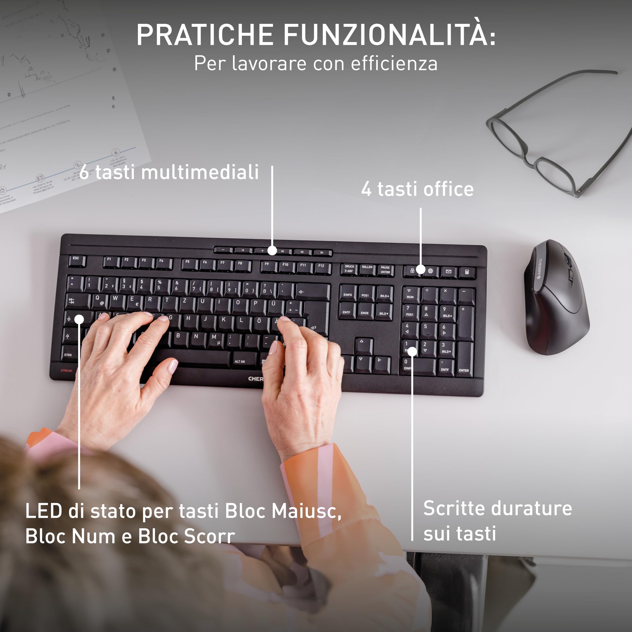 CHERRY STREAM KEYBOARD WIRELESS, Tastiera Senza Fili, Layout per l'Unione Europea (QWERTY), Wireless 2,4 GHz, Tasti Silenziosi, Design Piatto, Alimentazione a Batteria, Nero
