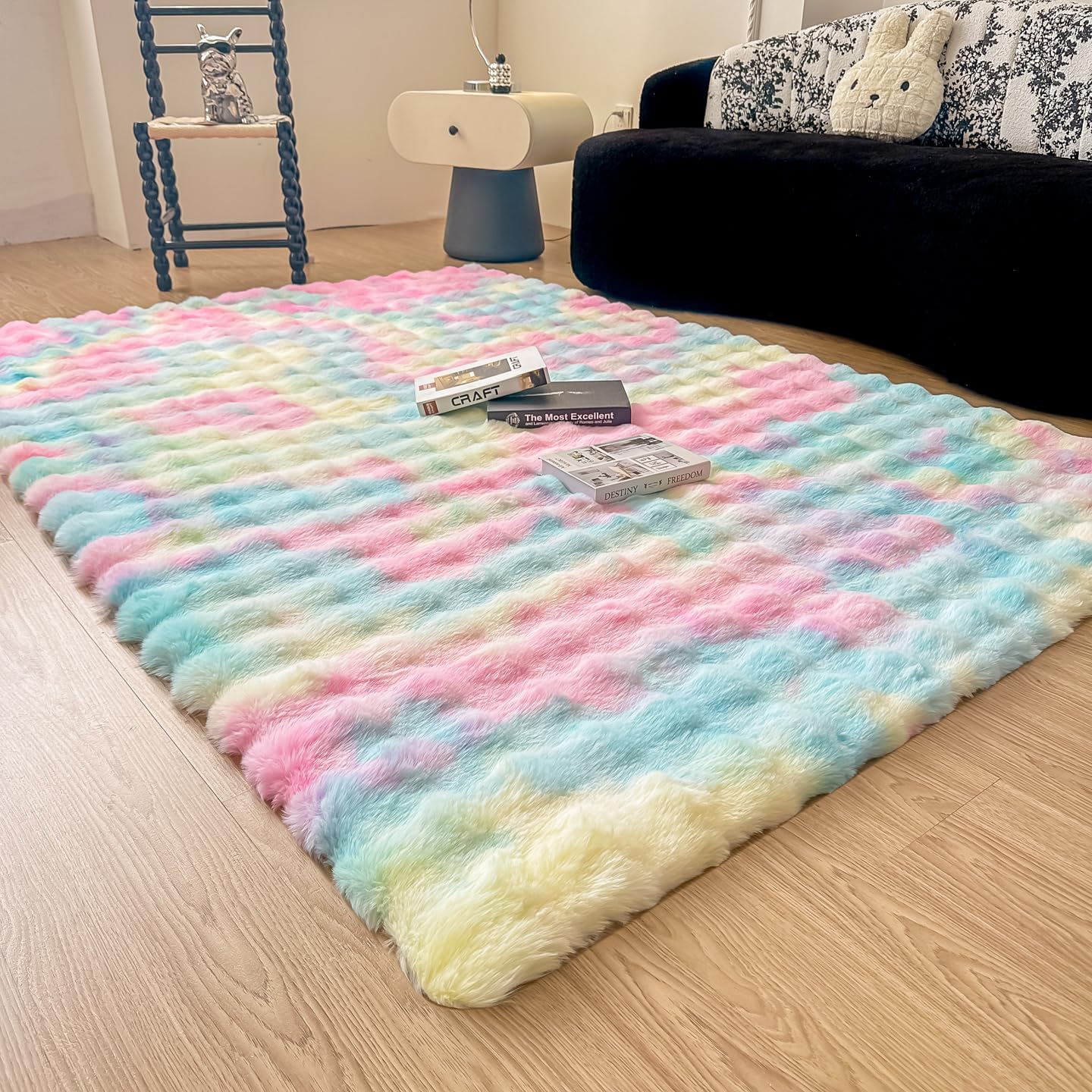 Rainbow Rabbit Plush Area Rug for Bedroom Living Room Sofa,5'X8' Faux Fur Fluffy Shaggy Rectangular Square Rug for Kids Teen Girls Room,Furry Carpet Rug for Nursery Baby Room Decor for Teenage Rainbow 5' x 8' (Rectangular)