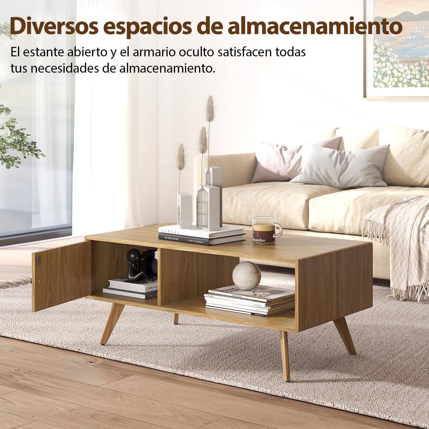 Manora Mesa de Centro con Almacenamiento, Mesa de Salón Rectangular, Patas de Madera Maciza, Mesa Auxiliar Moderna para Salón, Balcón, Oficina, 105 x 45 x 55cm, Roble