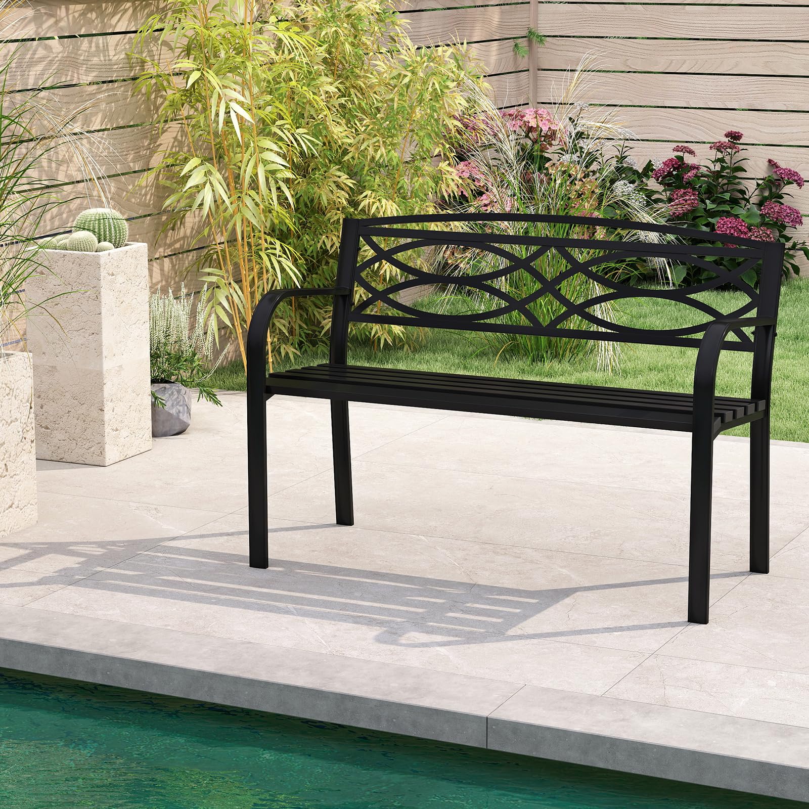 GOPLUS Banco de Jardín de Metal Resistente con Respaldo | Asiento con Listones y Reposabrazos Curvados para 2 Personas, Mueble de Exterior para Patio Trasero, Piscina, Porche y Parque