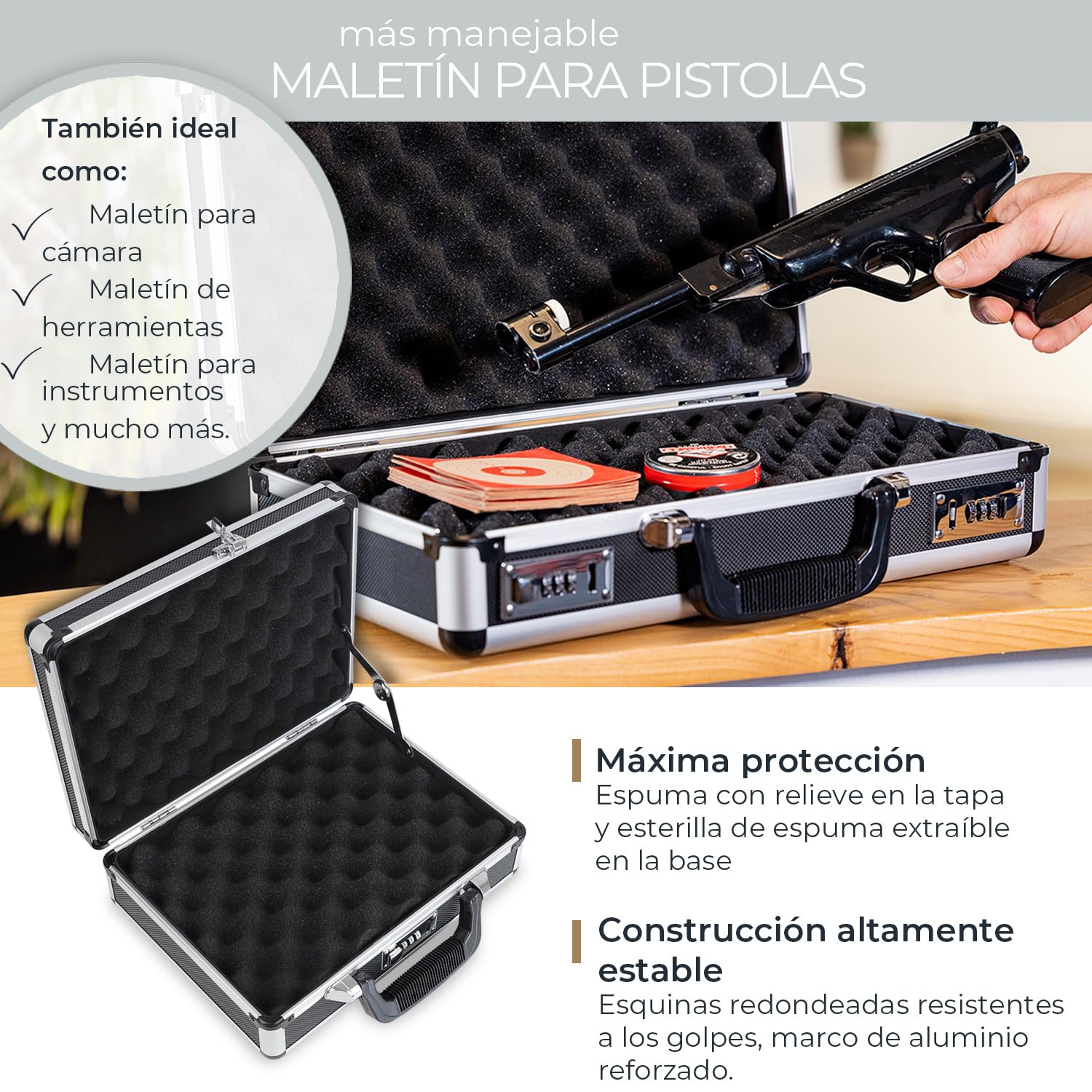 HMF 14401-02 Maleta de Aluminio para Pistolas con Cerradura de Combinación | 31 x 26 x 11 cm | Negro