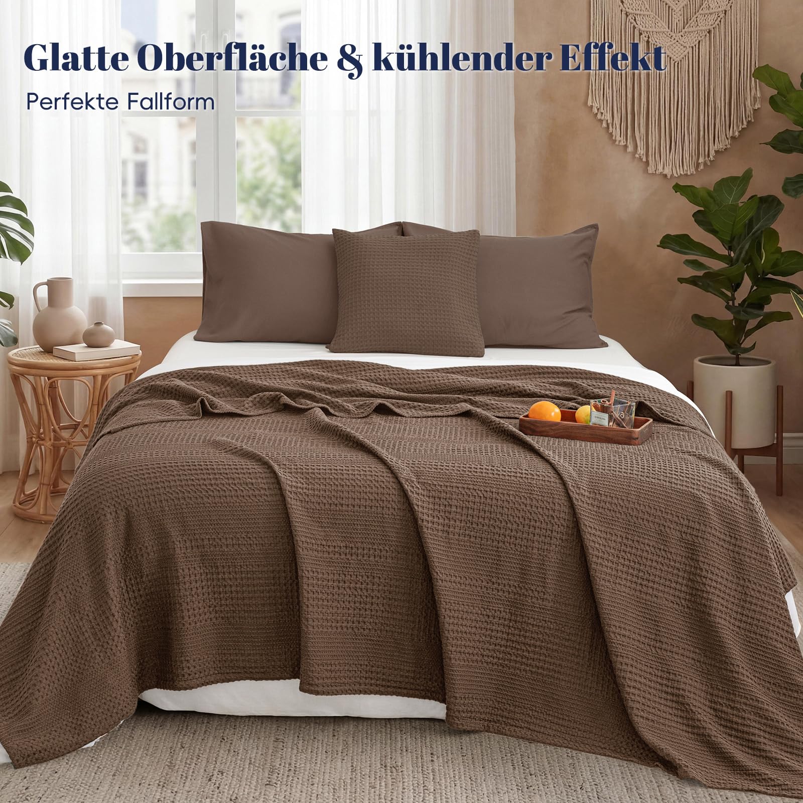 PHF Leichte Waffeldecke 220 x 240 cm, Atmungsaktive & Ultraweiche Kuscheldecke in Waffeloptik, Dünne Decke für Frühling & Sommer, Bett & Deko - Schokolade
