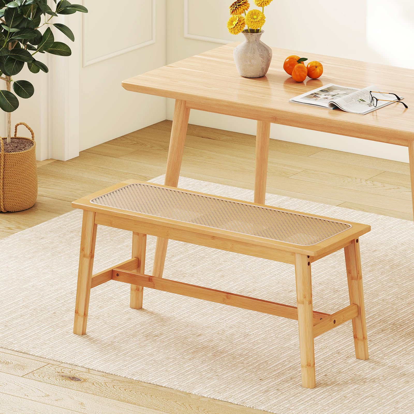 GIANTEX Banc Salle a Manger pour 2 Personnes, Banc Bois en Bambou avec Siège en Rotin PVC Respirant, Patins Antidérapants, Banquette pour Chambre, Salon, Jardin, Charge 300 kg, Naturel