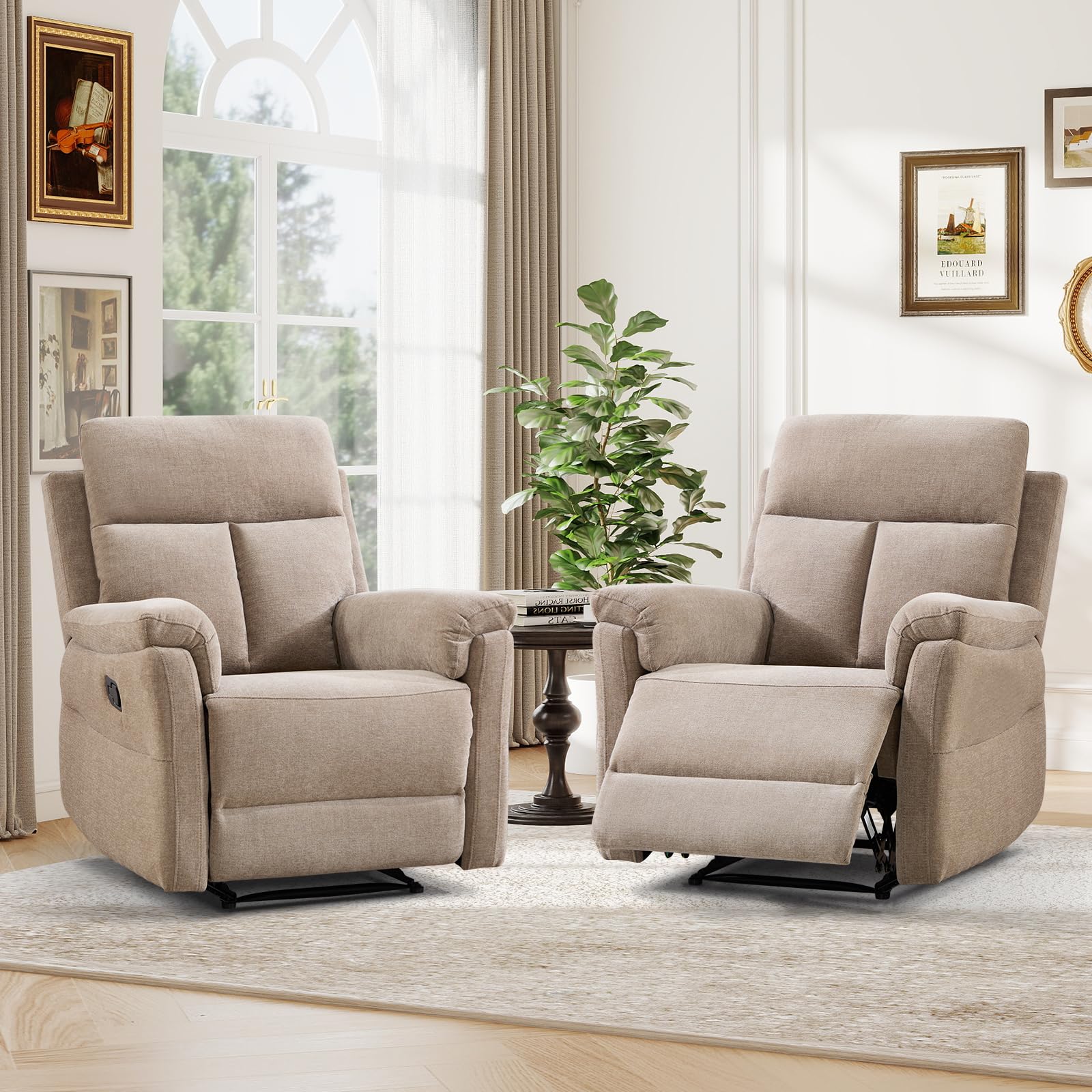 ANJ 2-Piece Manual Recliner Set, 2 Overstuffed Single Reclining Chairs with Padded Armrests and Supportive Backrest, Fabric Recliner Set for Living Room, Bedroom, Camel