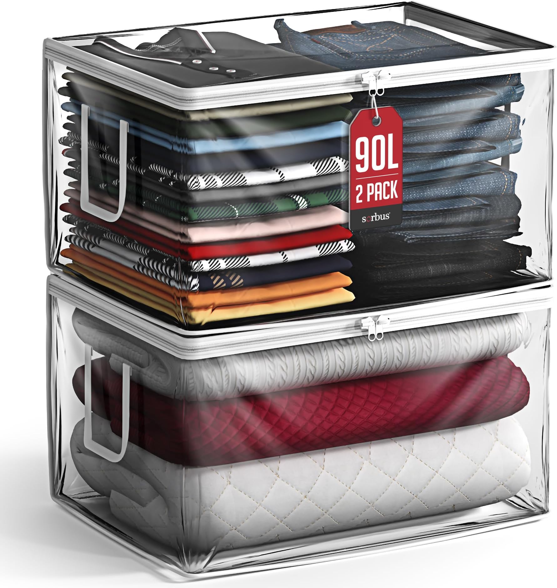 Sorbus clear Storage Bag - 90L Foldable Large Plastic Bags with Zipper & Carry Handles, Great for Clothes, Blankets, Closets, Bedrooms, and more (2 Pack)