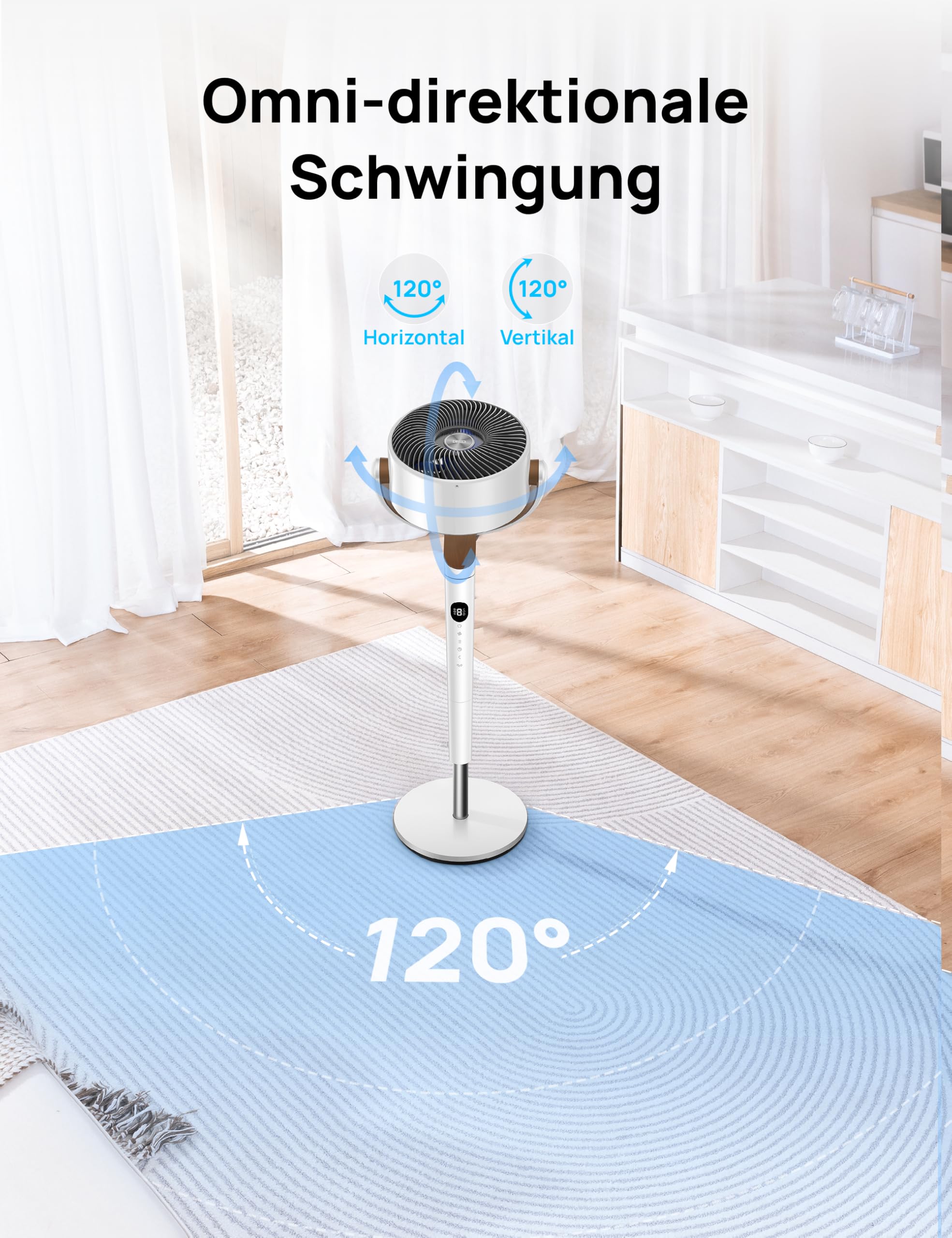 DREO 23dB leiser Standventilator, 120°+120° Omni-direktionale oszillierende Ventilator, 27M Windentfernung, 1615 m³/h Luftvolumen Echt Turbo-Luftzirkulator Fans, 89-102cm Höhe 3 Modi 8-Geschwindigkeit