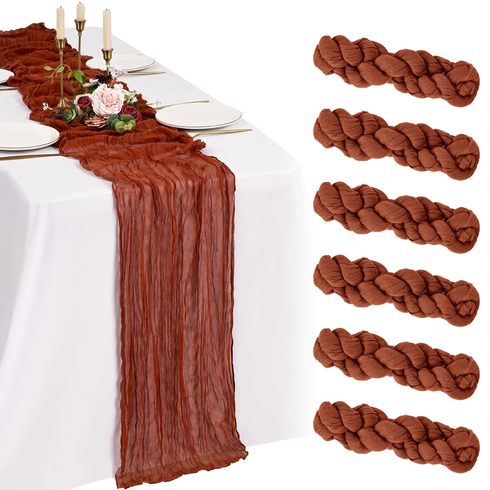 Showgeous 6 Pack Terracotta Cheesecloth Table Runner 10FT Fall Boho Gauze Cheese Cloth Table Runners Romantic Rustic Sheer Table Decorations for Wedding Party Baby Shower Birthday Holiday Home