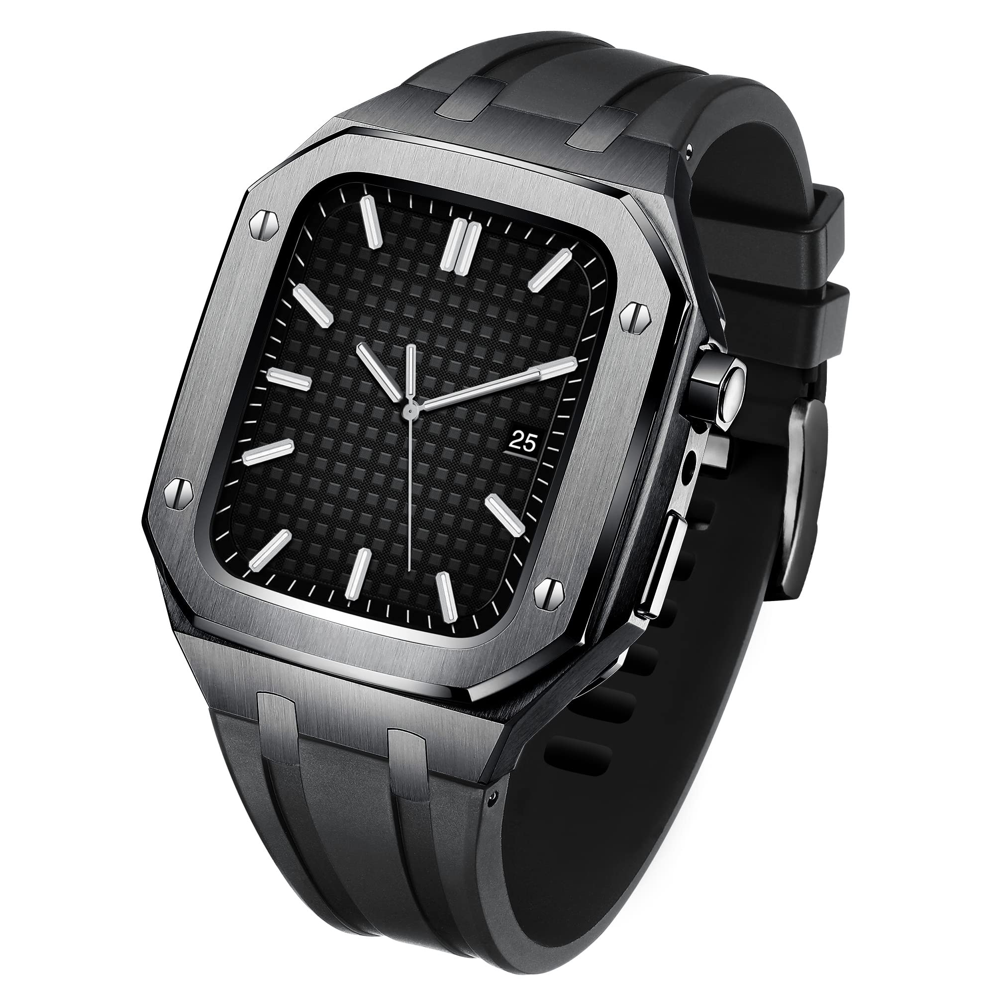 SHUYAO Compatible with Metal Case+Fluororubber Band for Apple Watch 7/6/5/4/SE,Silicon Strap for iWa