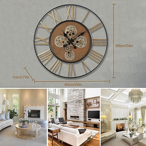 Miniatura 7 de Reloj de pared de 24 pulgadas con engranaje móvil real, reloj de pared grande para decoración de sala de estar, reloj de pared industrial moderno de