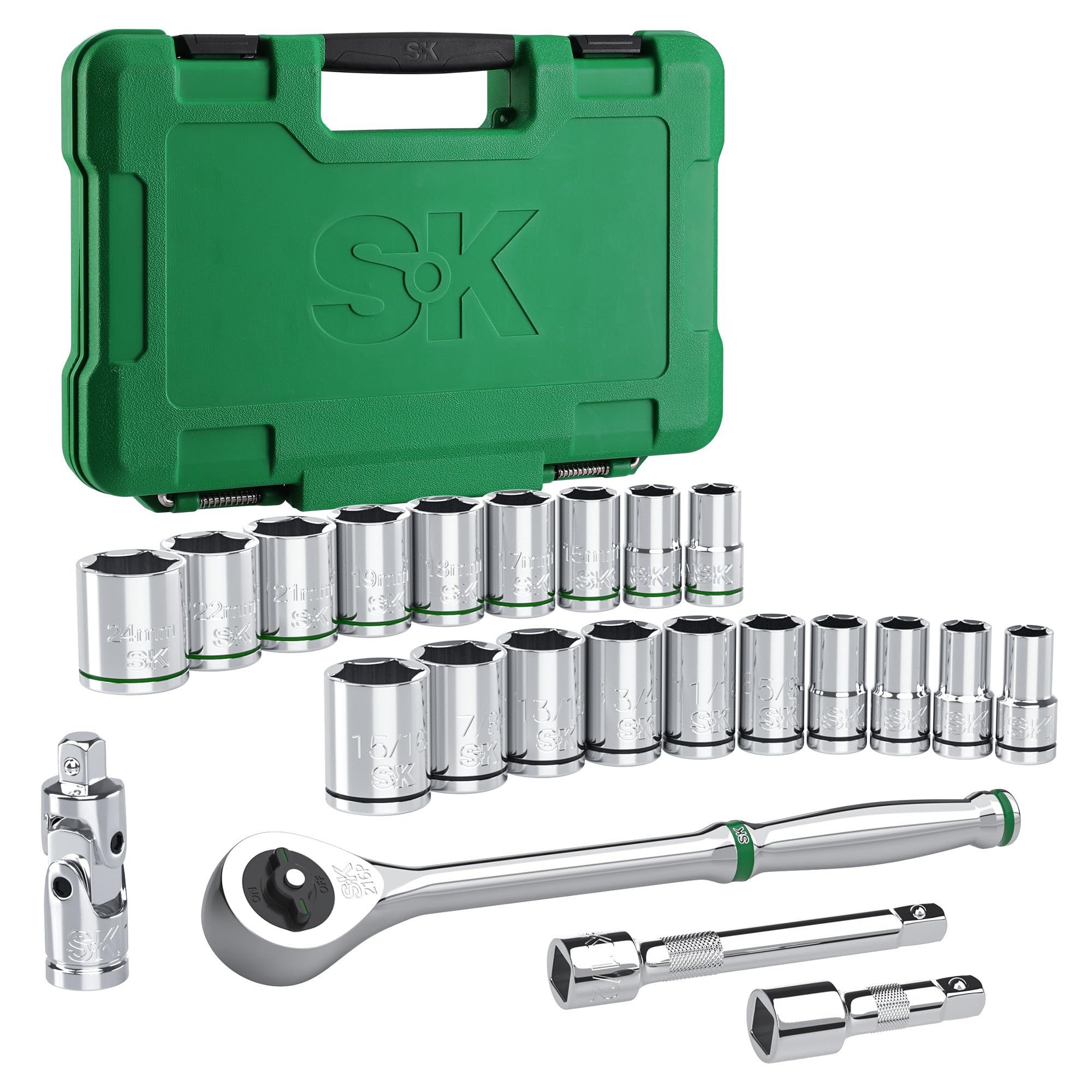 SK1/2" Drive Socket Set with 216-P Quick-Release Ratchet, 23-Piece, SAE & Metric, SuperKrome Finish, Premium CR-V Construction, with Storage Suitcase