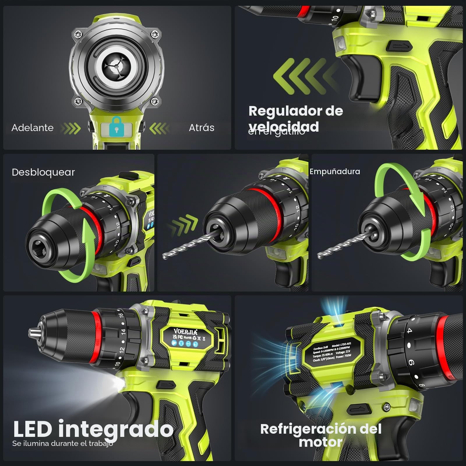 VOERJIA - Taladro atornillador inalámbrico de 21 V, taladro de percusión sin escobillas de 60 Nm, 2 baterías de 2000 mAh, 21+3 pares de torque, portabrocas de 10 mm, 2 velocidades, LED, 29 accesorios