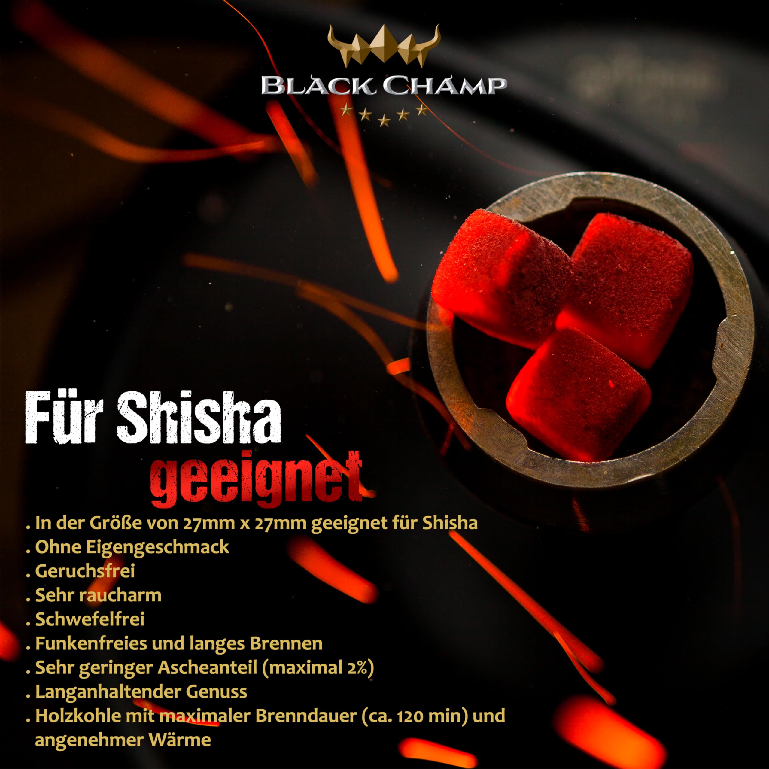 Shisha Kohle | 27 mm | 20 kg | Black Champ | Premium Naturkohle aus Kokosnussschalen| Für Shisha und Grill