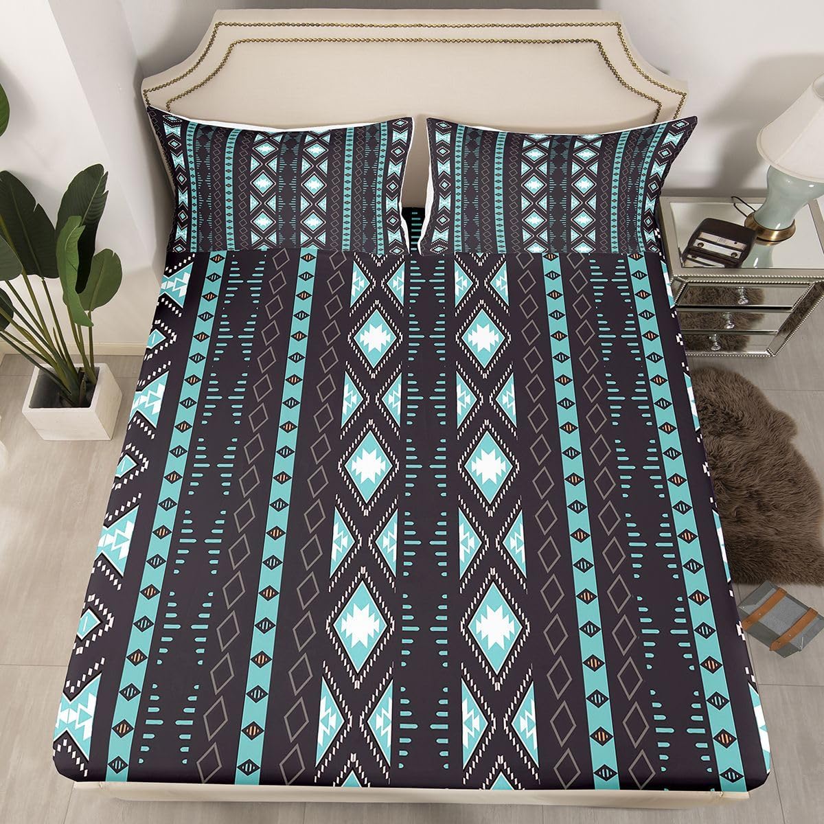 Erosebridal Bohemian Fitted Sheet Boho Aztec Striped Sheet Set for Teens Boys,Tribe Geometric Triangle Bed Sheets Mexican Style Flat Sheet Bohemian Style Room Decor Queen,Southwestern Decor