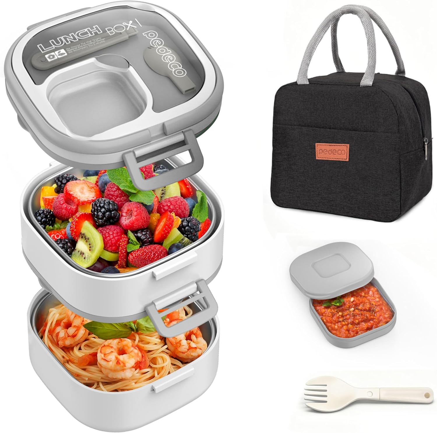 PEDECO Stackable Stainless Steel Bento Box with Insulated bag,Leak-Proof,2-Tier Bento box,Lunch Box With Portable Sauce Pod and Cutlery-for Kids/Adult,Dishwasher Safe,White