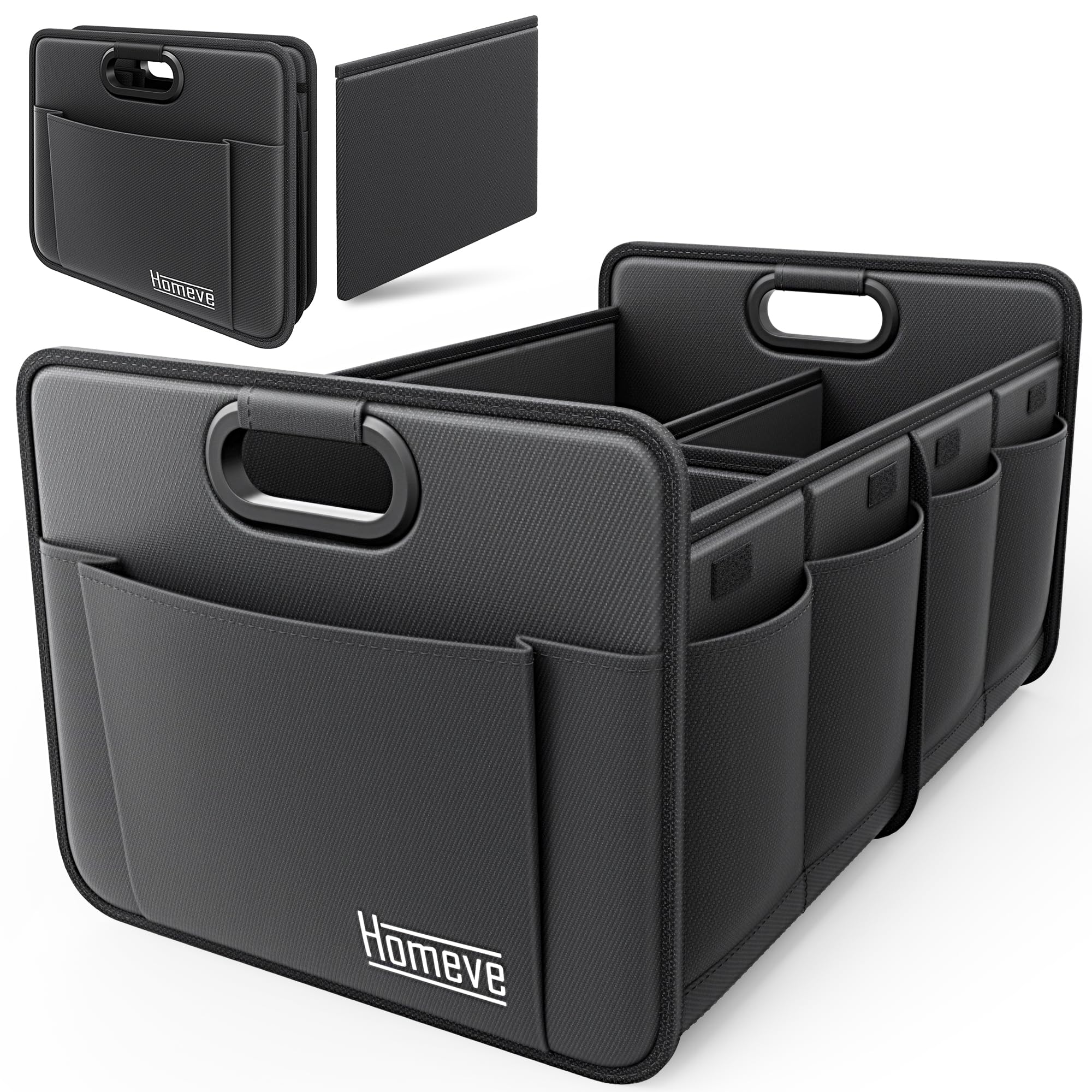 Homeve Trunk Organizer, Car Storage, Reinforced Handles, Collapsible Multi-Compartment, Foldable, Waterproof, Sturdy, 600D Oxford Polyester For Car, SUV, Mini-Van, Black, 2 Compart