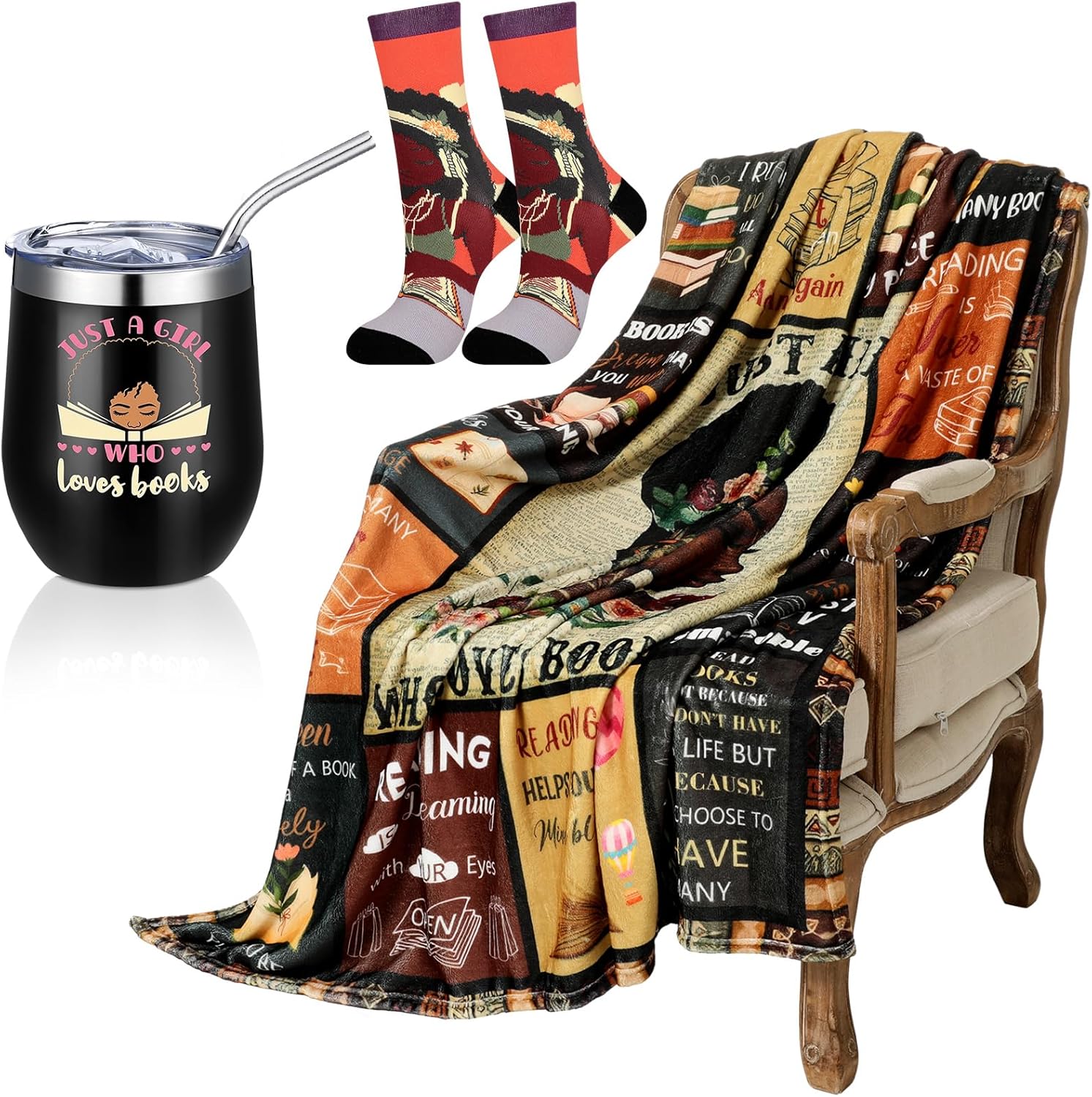 3 Pcs African American Gifts for Women Include 60''x50'' Reading Blanket Insulated Tumbler Socks for Book Lovers Black Women Library Club Librarian Readers Gift