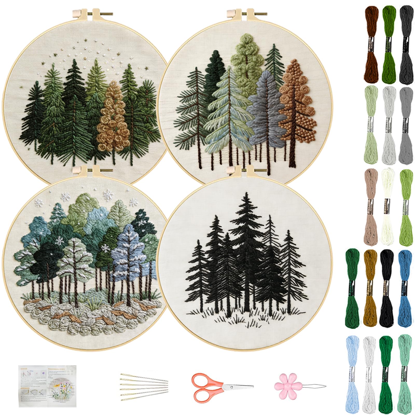 FREEBLOSS 4 Stickset Für Anfänger Nadelspitzenstickerei Starterset Mit Vorgedrucktem Waldlandschaftsmuster Anleitung Farbige Fäden 2 Creolen 7.9"/20cm