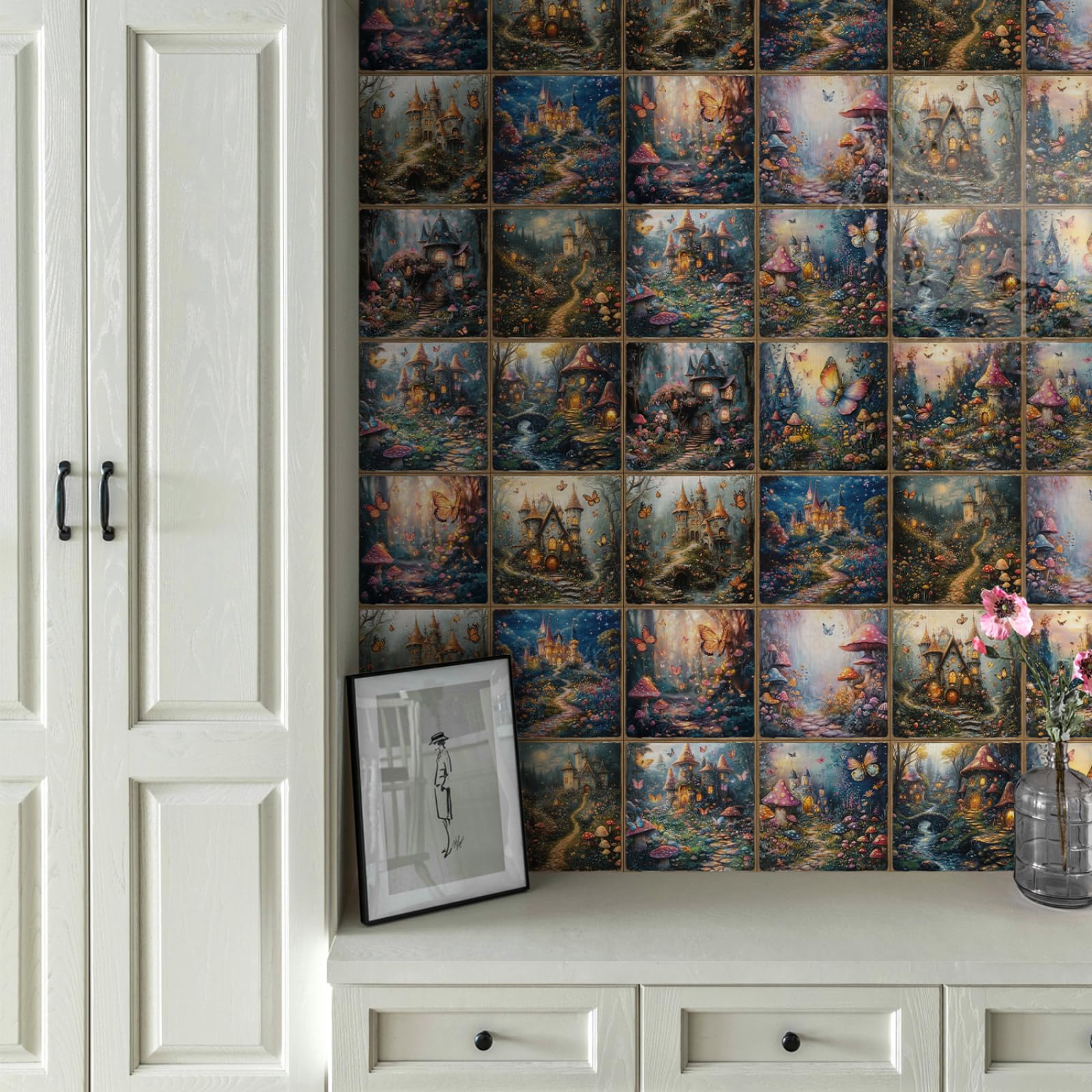 Azulejos Adhesivos Cocina Edificios Azules Amarillos Impermeables Baño Azulejos, Diy Extraíble Vinilo Vinilo Pared Cocina