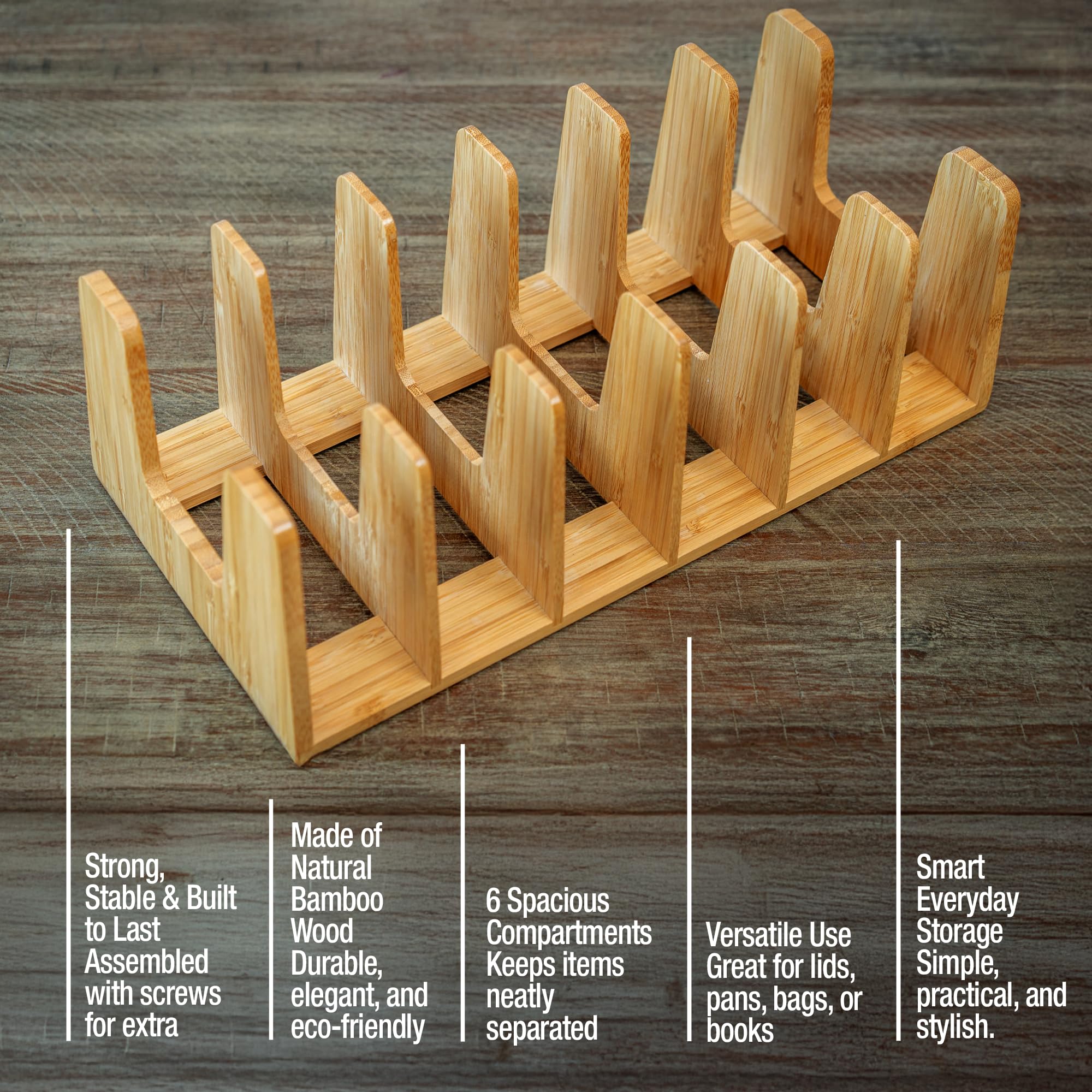 Organizer Da Cucina In Bambù Per Pentole E Coperchi - 6 Scomparti, Multiuso Per Armadietti E Cassetti - 2