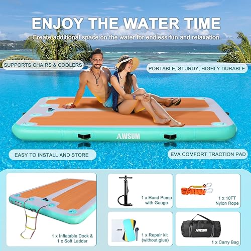 Miniatura 2 de AWSUM Muelle flotante inflable, superficie de madera EVA antideslizante de 8 pies10 pies, plataforma de natación inflable para lago, tapete de agua