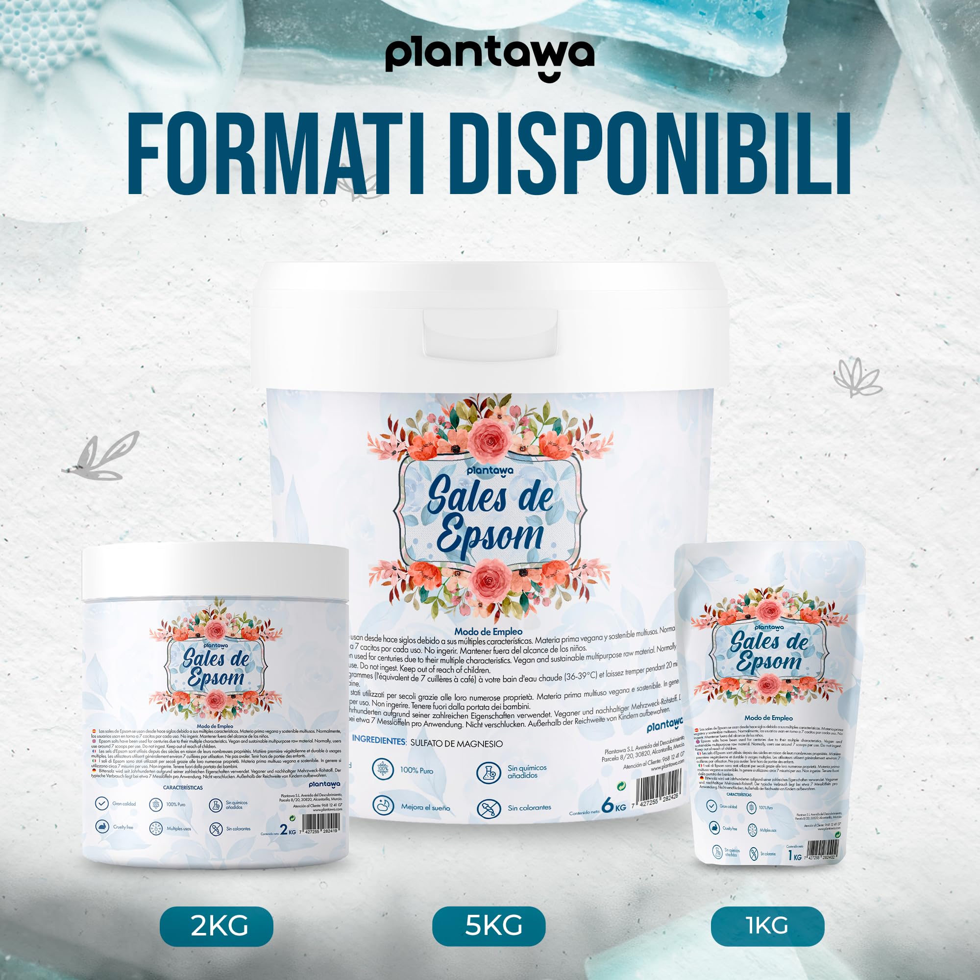 PLANTAWA Sale di Epsom 6kg | Sali da Bagno Rilassanti con Solfato di Magnesio Puro | Relax Muscolare, Cura della Pelle e Benessere Naturale | Bagno Rilassante e Schiumoso | Senza Tossine e Additivi