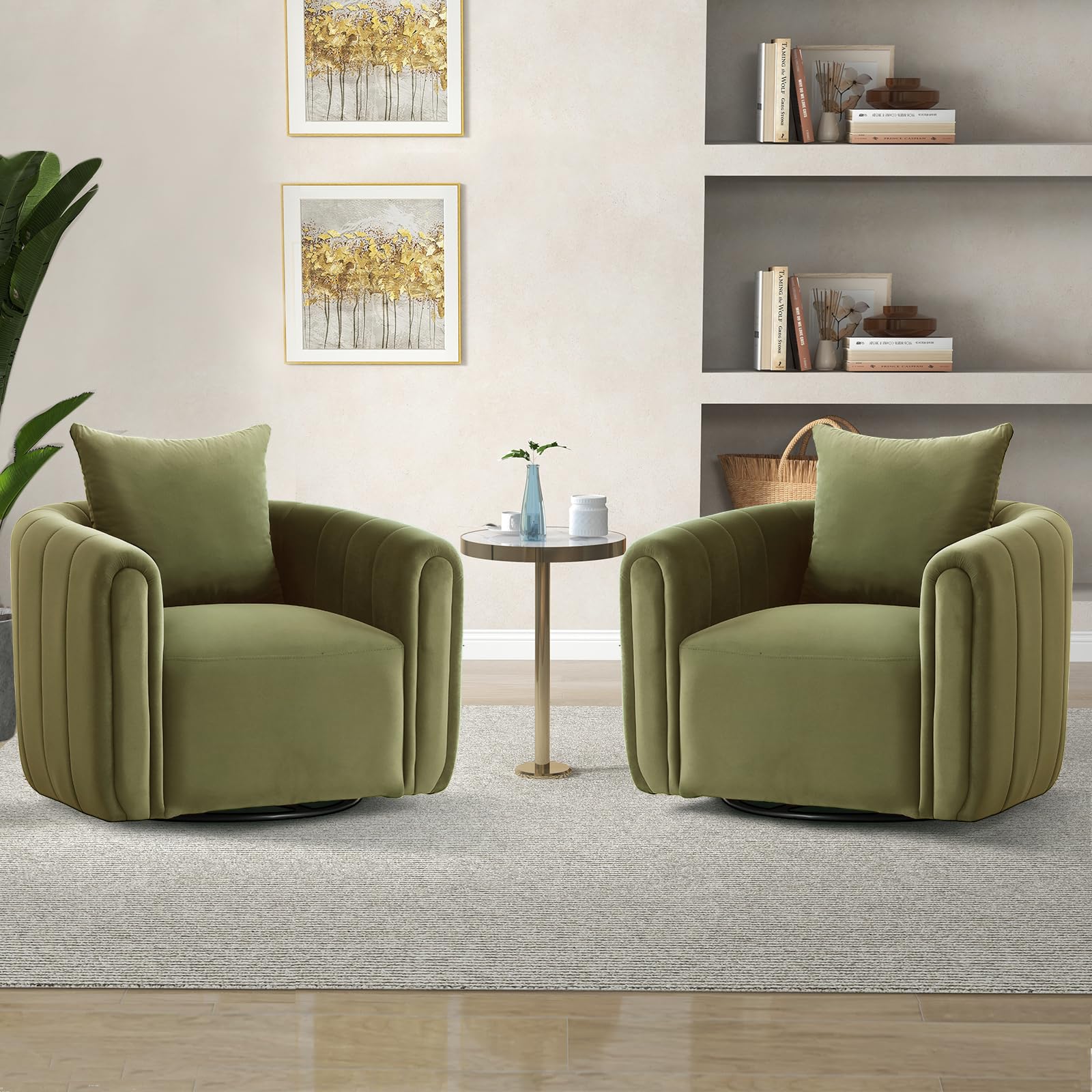 ANJ Swivel Barrel Chair Set of 2 in Green Velvet with Pillow