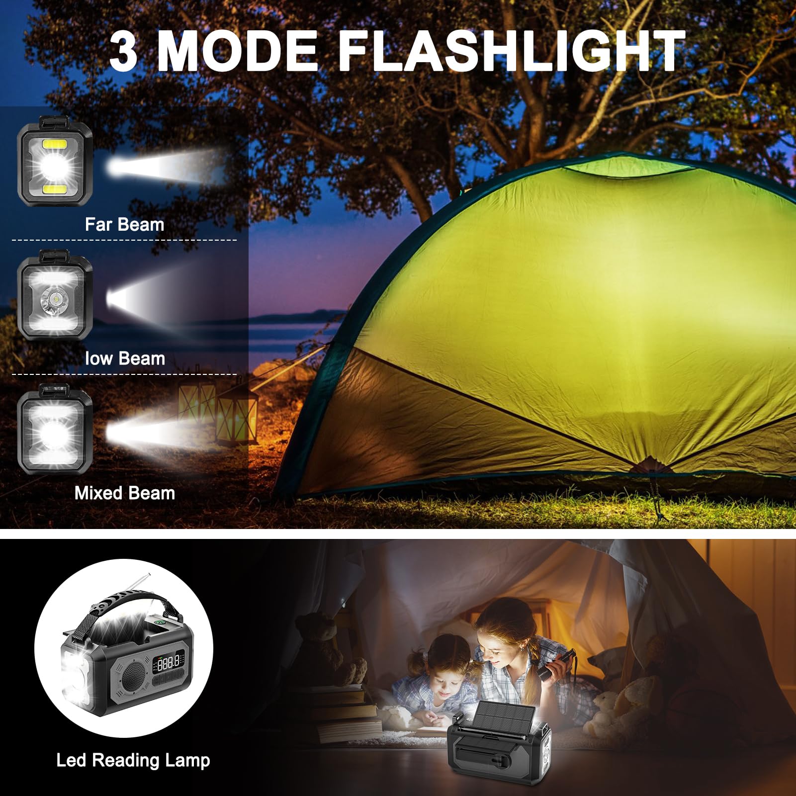 Radio di emergenza da 12000 mAh, radio portatile con allarme meteorologico AM/FM/NOAA, manovella con torcia, lampada da lettura, allarme SOS, caricatore USB, per emergenza domestica ed esterna