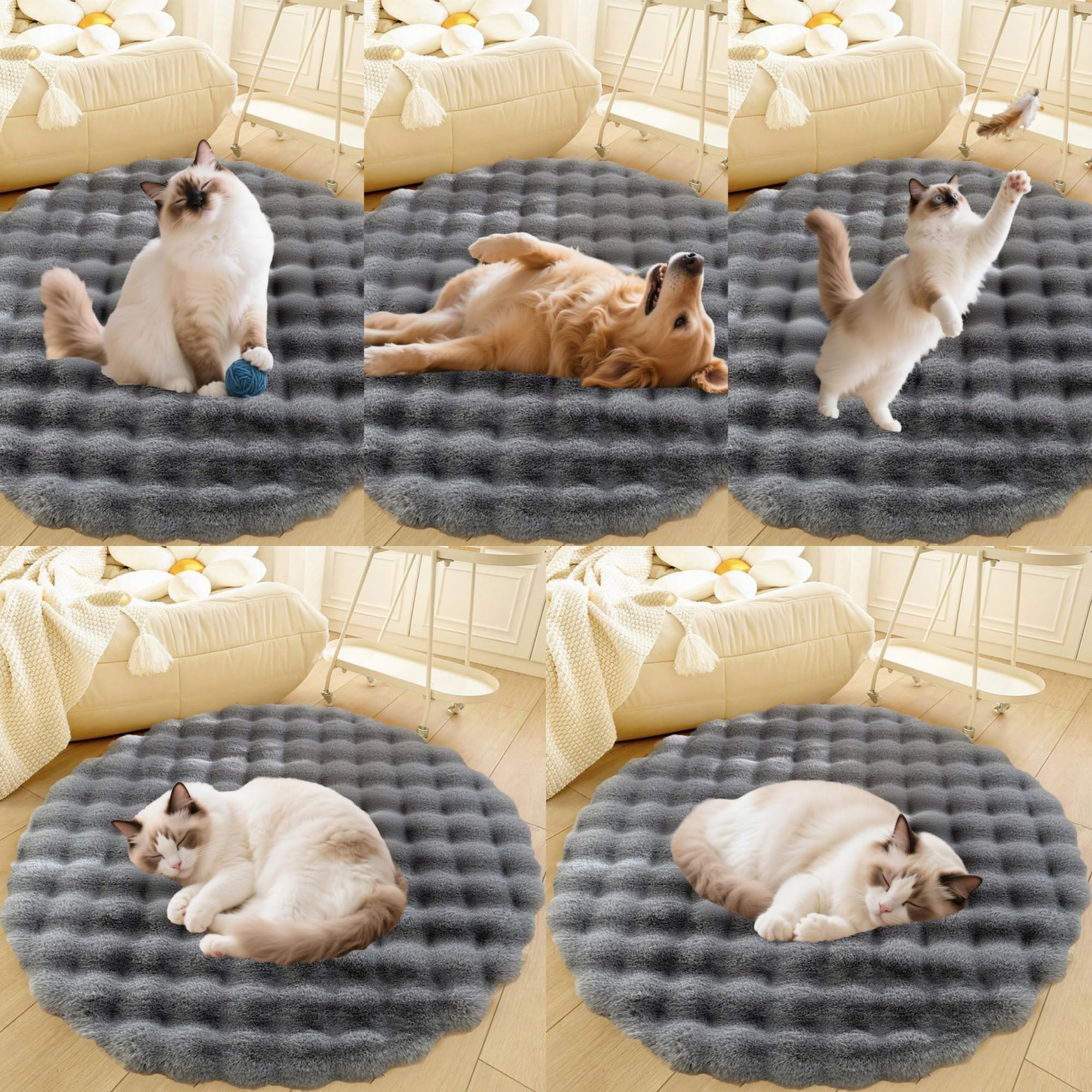 Divano per Cani E Gatti Con Fondo Antiscivolo, Tappeto Rotondo Lavabile, Moderno Letto A Pelo Lungo Da Posizionare Accanto Al Pavimento, Tappetino per Soggiorno(Gray,43in)