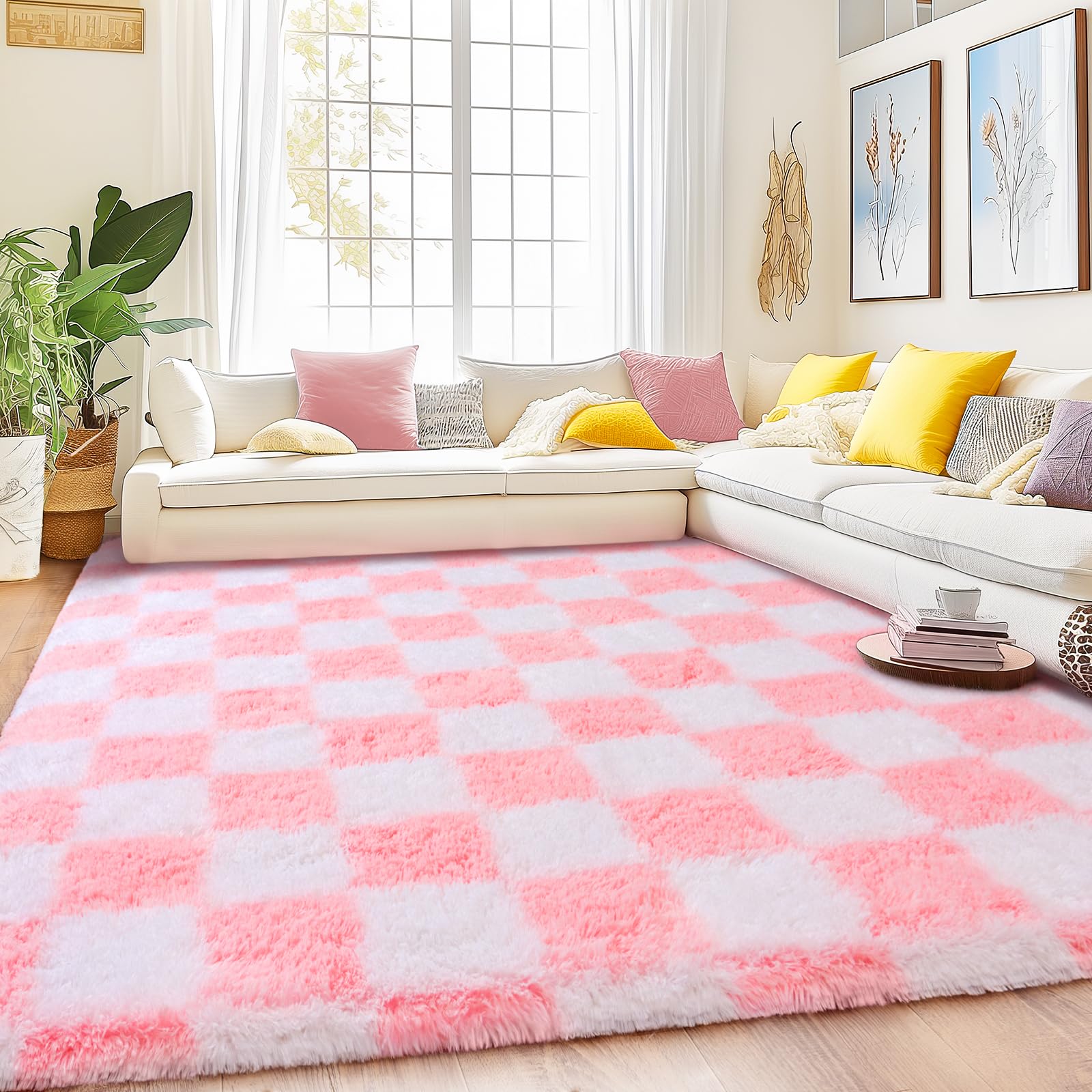 Quntue Checkered Rug 9x12 for Living Room, Ultra Fluffy Fuzzy Shag Large Area Rug for Bedroom, Modern Plush Soft Upgrade Non-Slip Carpet for Kids and Girls Room Dorm Home Decor, Pink and White — image 1