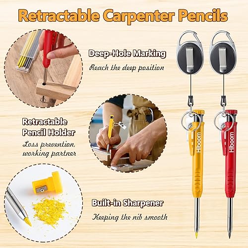 Miniatura 3 de Hiboom Lápiz mecánico de carpintero con soporte retráctil, lápiz de construcción de agujero profundo con 24 recambios y sacapuntas integrado,